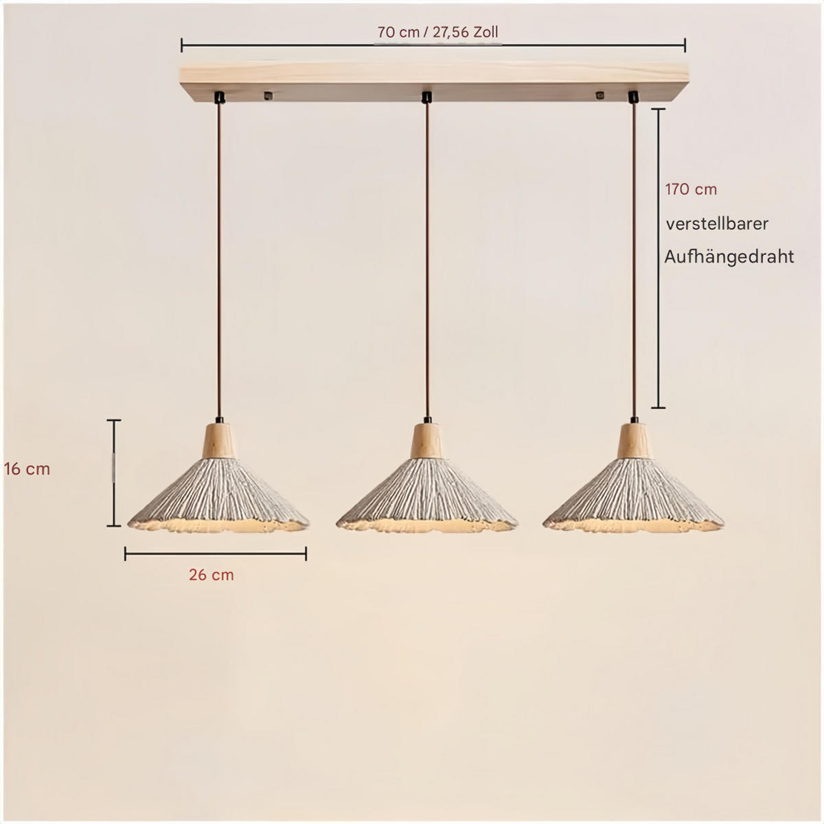 PENDELLEUCHTEN Beton & Holz, Wabi Sabi 3ER SET 70CM - Gelb, Naturmaterialien (170/70/30cm) - Weltevree