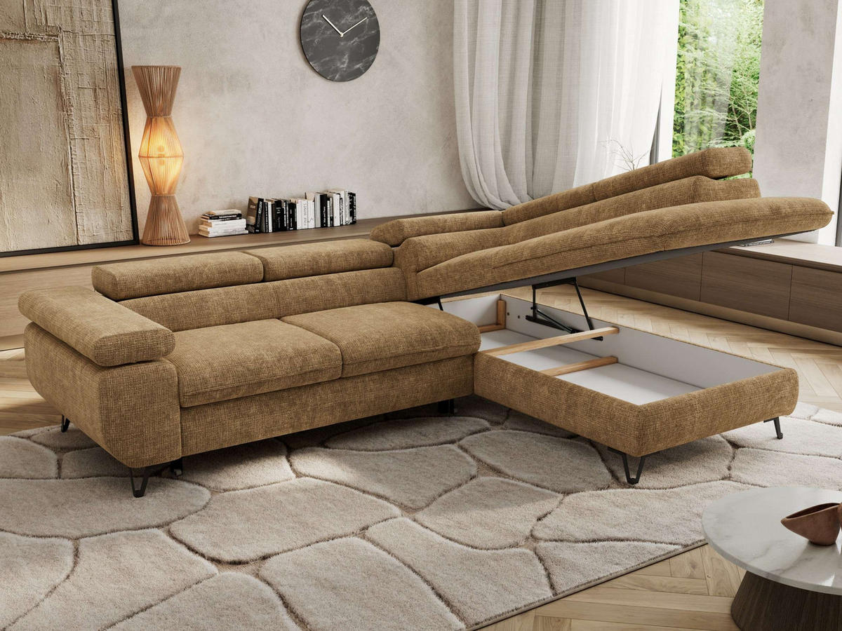 ECKSOFA PABLO L Hellbraun Schenille grob gewebt - Rechts Seite - Hellbraun/Schwarz, Textil/Metall (273/208cm) - MKS