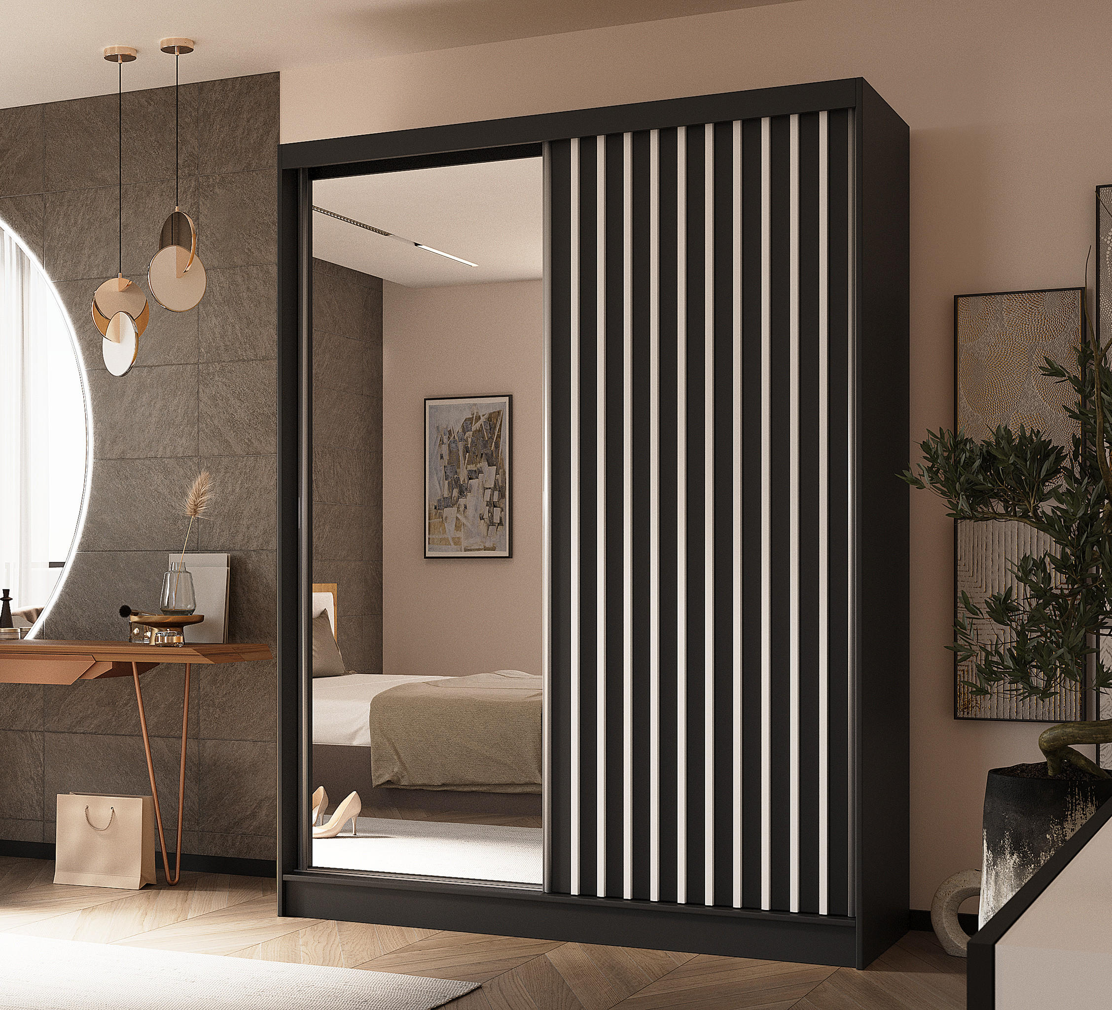 SCHWEBETÜRENSCHRANK Cabinio Schwarz Weiß 160/216/61 cm – mit Spiegel und Lamellen - Schwarz/Weiß, Holzwerkstoff/Kunststoff (160/216/61cm) - AX Living