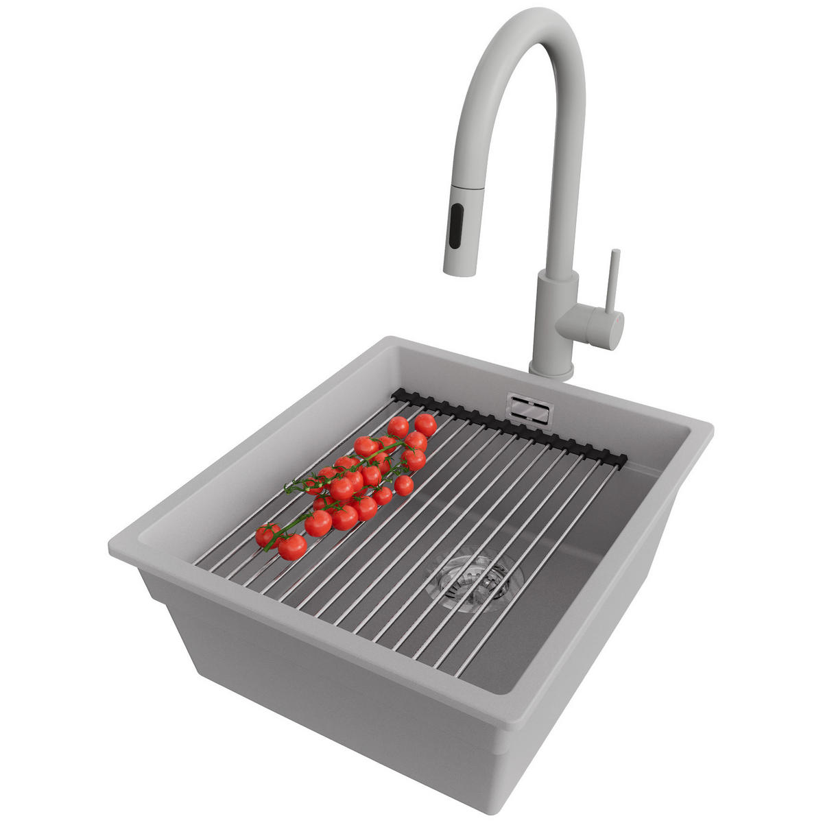 GRANITSPÜLE Praga Slim, 2-er set Grau 41/47 cm 1 Becken + Küchenarmatur 40/20 cm + Ablauf-Set + Aufrollbare Abtropffläche ab 45er Unterschrank - Chromfarben/Grau, Kunststoff (41/20/47cm) - Primagran