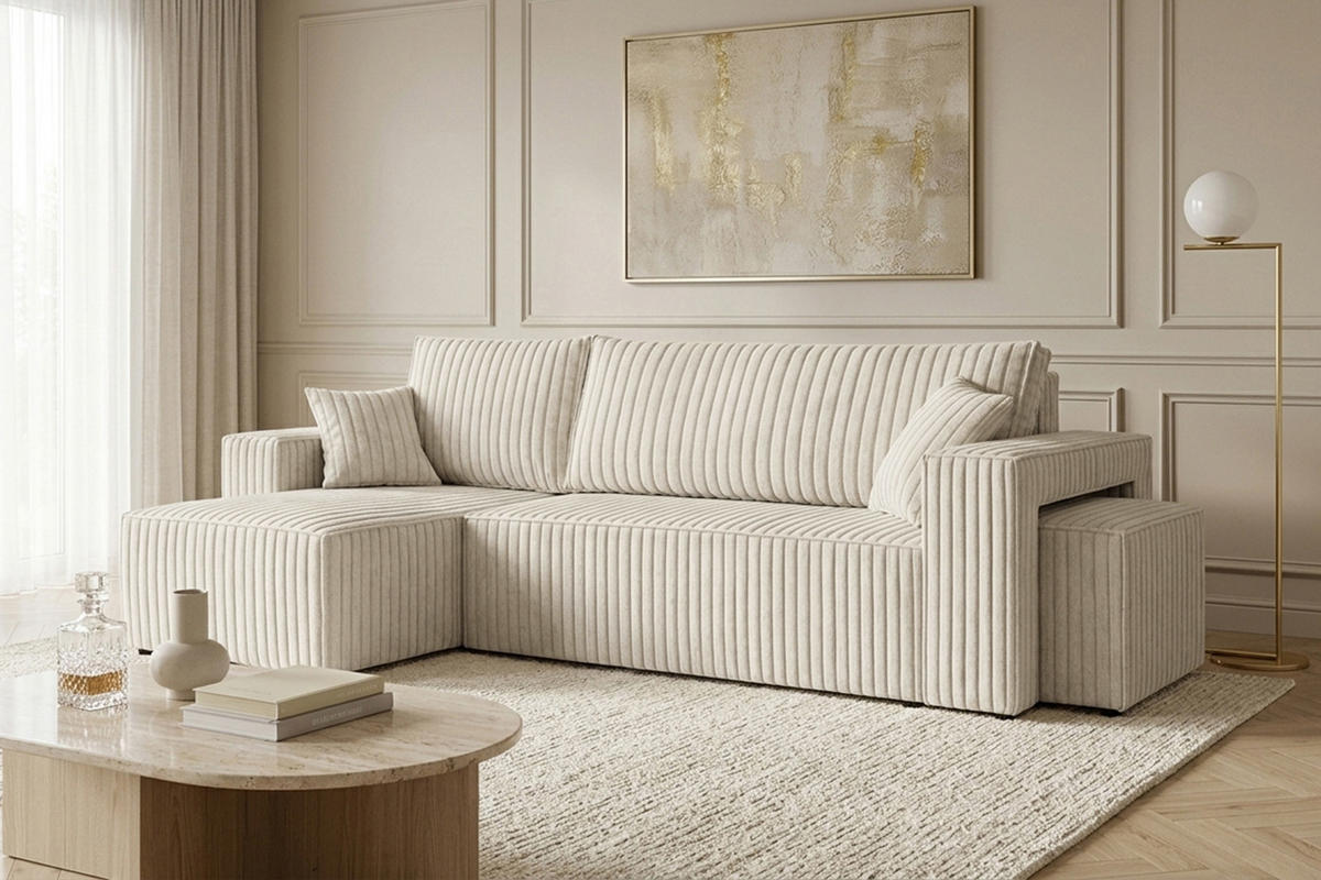 ECKSOFA Mit Schlaffunktion Und Pouf, Cordstoff Tilia, Ecru, Links, Best L Mit Pouf - Ecru, Holz (244/145cm) - Kaiser Möbel