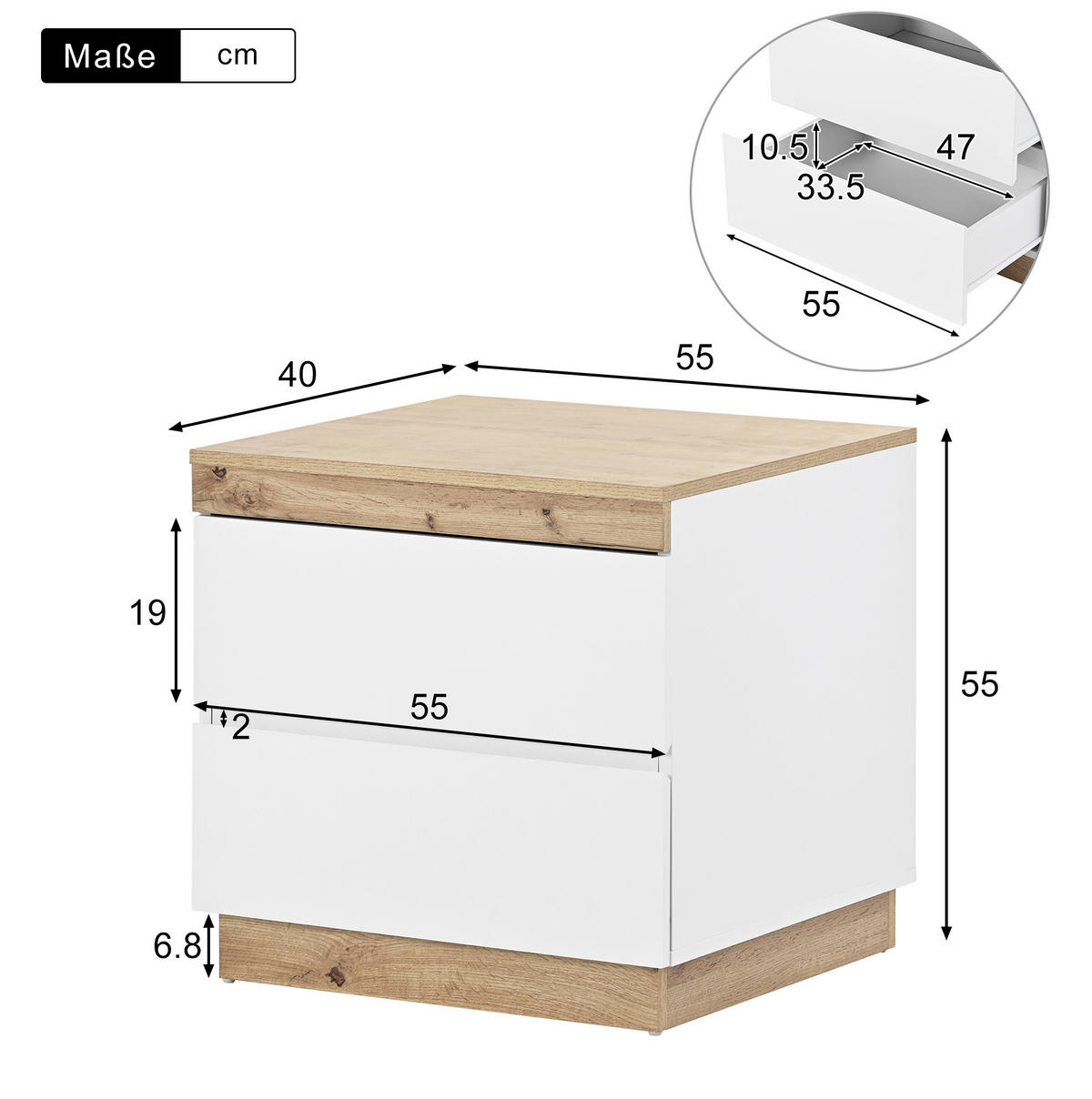 NACHTTISCH aus E1-Spanplatte mit 2 Schubladen, ca. Maße siehe Bild, 40/55/55 cm, Weiß/Eicheoptik - Weiß, Holzwerkstoff (40/55/55cm) - Redom