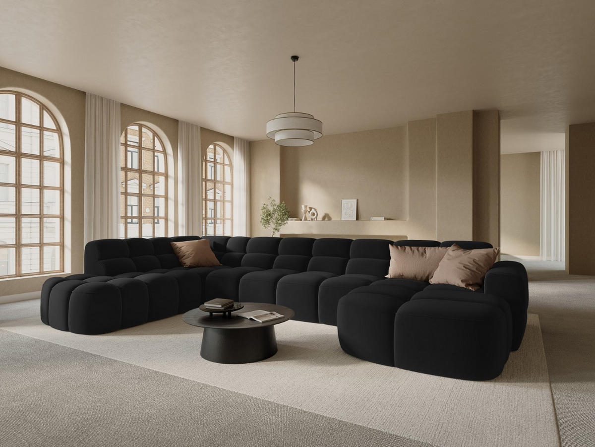 PANORAMASOFA links Lisa aus Samt schwarz 7 Sitzplätze - Schwarz, Textil (234/77/387cm) - Micadoni
