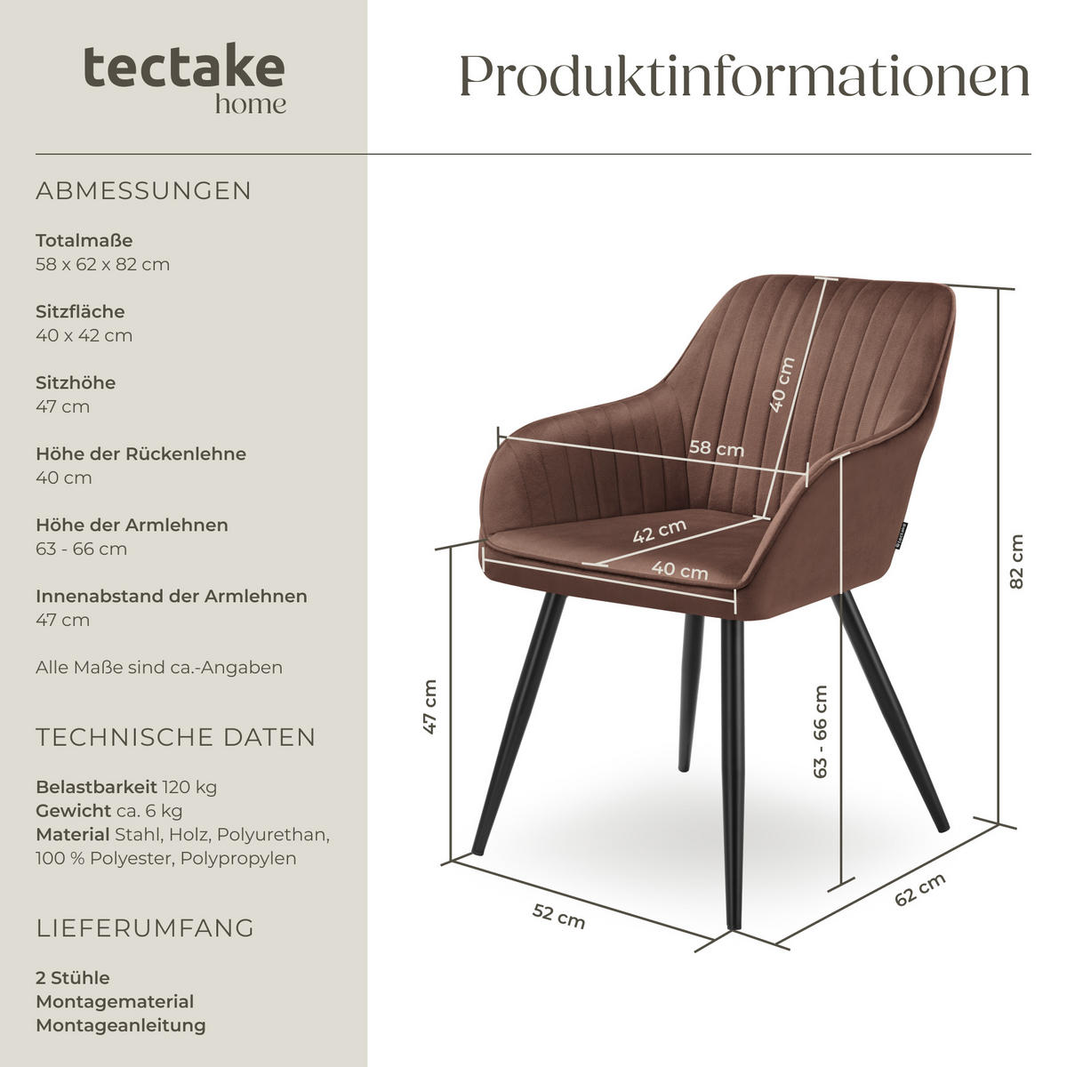 ESSZIMMERSTUHL 2er Set Marilyn 58 x 62 x 82 cm braun/schwarz - Schwarz/Braun, Metall (58/82/62cm) - tectake