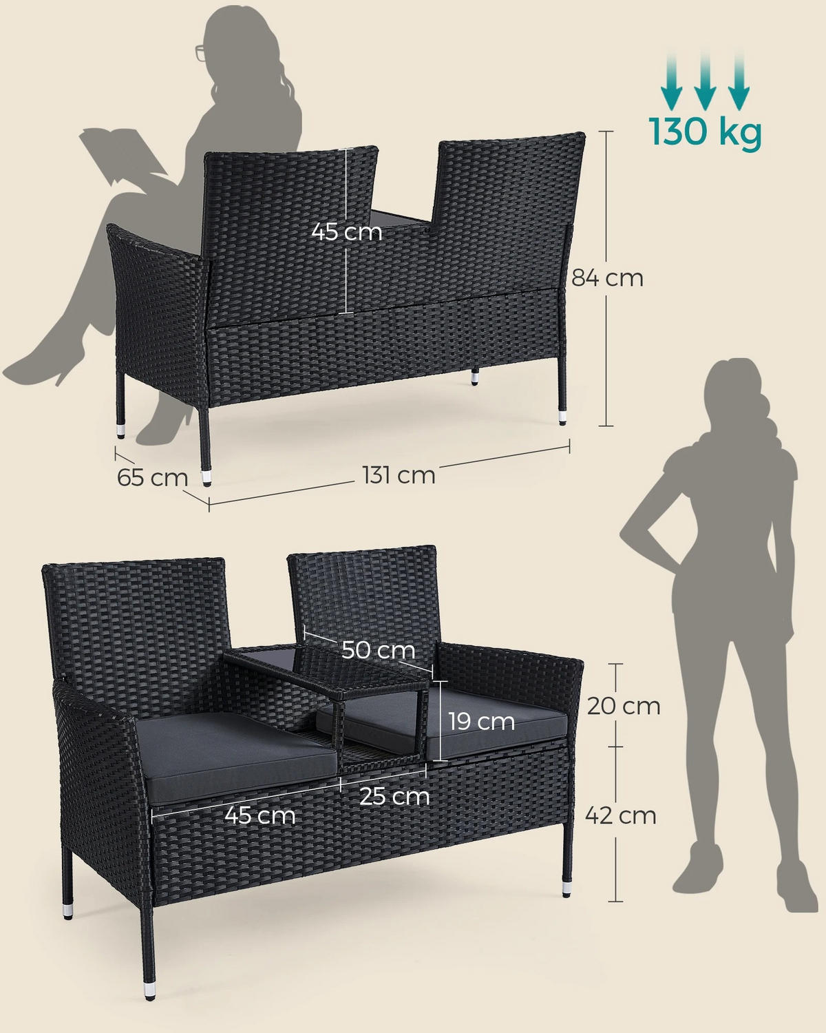 LOUNGEGARNITUR PE-Polyrattan Schwarz, Sofa mit Tisch - Schwarz, Textil - Kaket
