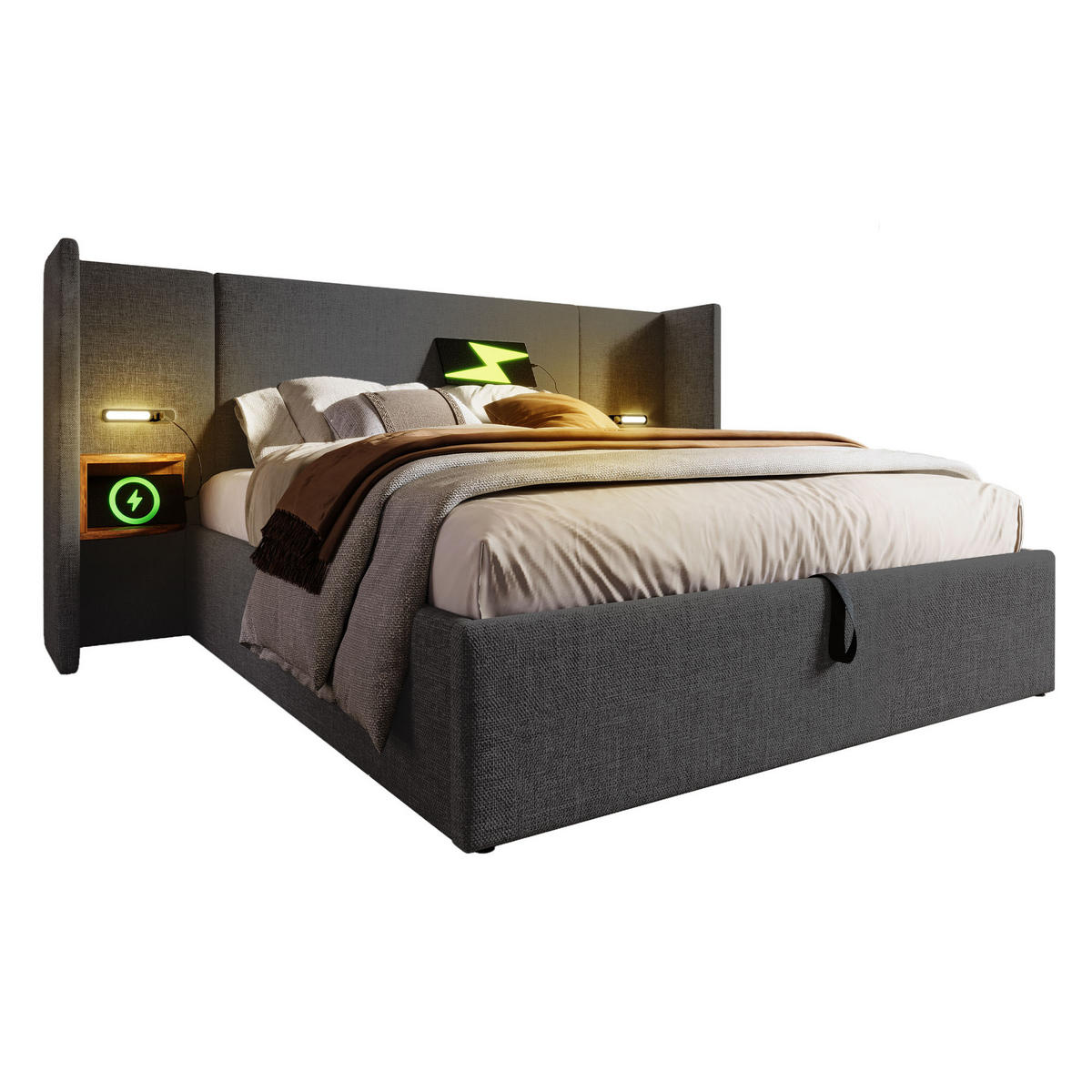 POLSTERBETT 160/200 cm Grau mit Nachttisch und USB-Ladefunktion - Grau, Textil (160/200cm) - OKWISH