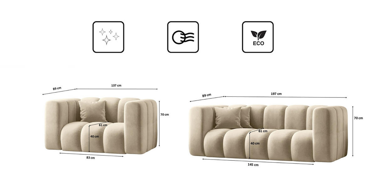 SOFAGARNITUR 2+1+1 Serie Grand Stilvol, Stoff Salvador Beige - Beige, Holz (91/70/197cm) - Kaiser Möbel