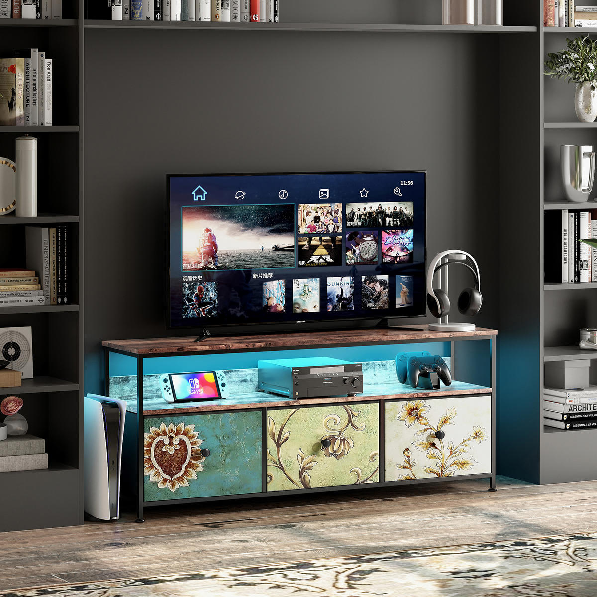 HÖG LED-TV-bänk, 137 cm, färgglada tyglådor, modern - Multicolor, Träbaserade material (29.8/57/137cm) - SHOPENTRA