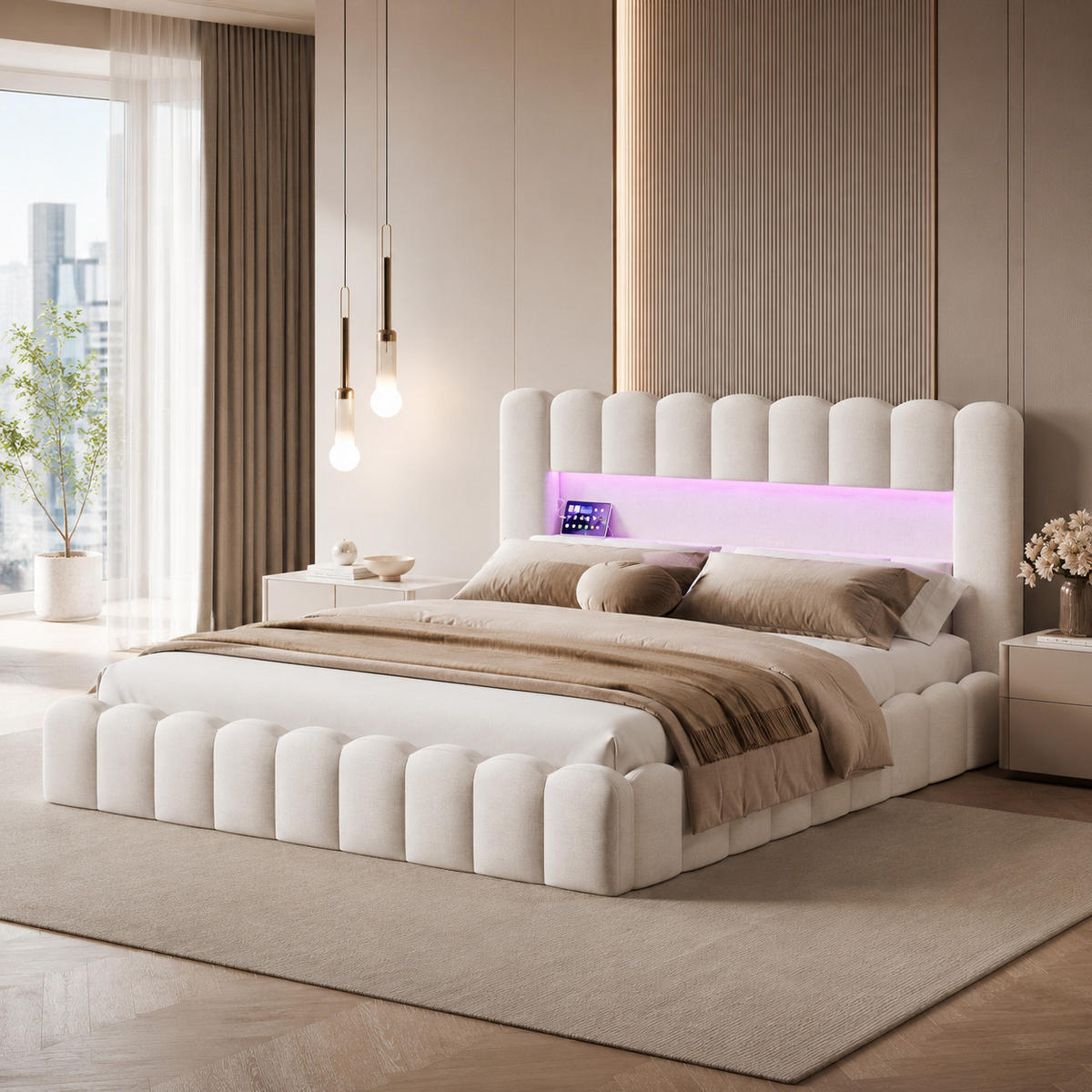 POLSTERBETT 180/200 cm mit LED-Kopfteil und hydraulischem Stauraum, modernes Schlafzimmerbett - Beige, Holz/Metall (180/200cm) - Joyfair