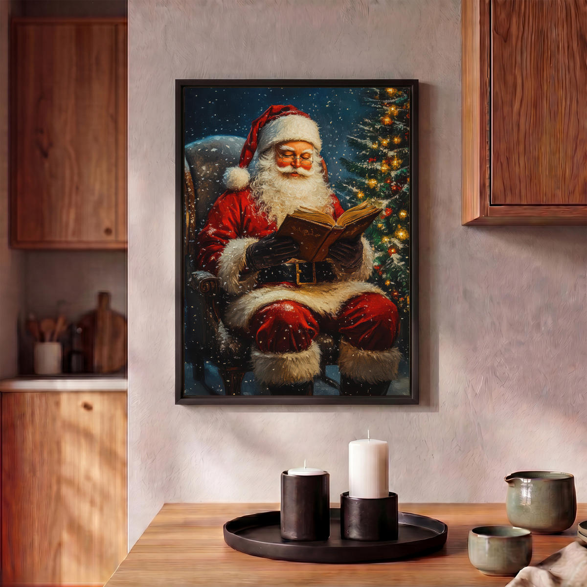 LEINWAND Bilder mit Rahmen - Weihnachtsmann - Weihnachten - Winter - Weihnachtsbaum - 30x40 - Bordeaux, Textil (30/40cm) - MuchoWow