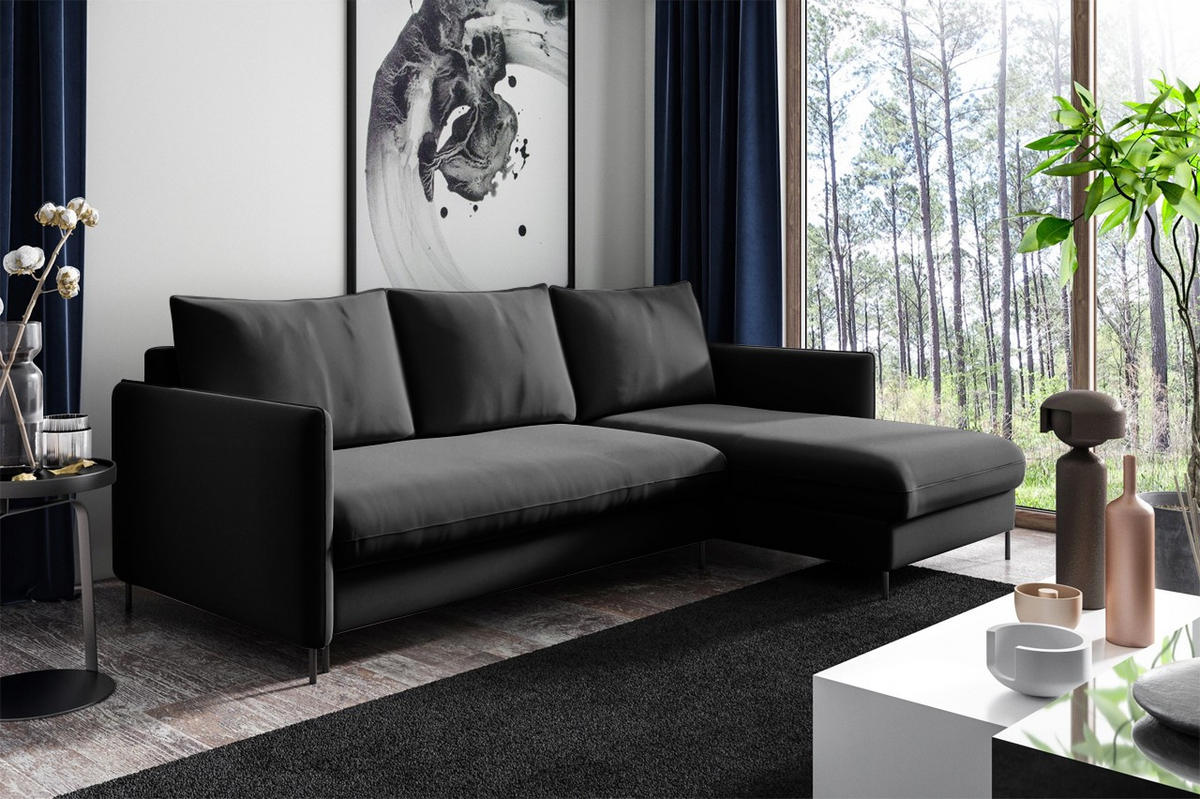 ECKSOFA Belis, Schwarz, Sofa mit Schlaffunktion - Schwarz, Holzwerkstoff/Textil (216/155cm) - Bettso