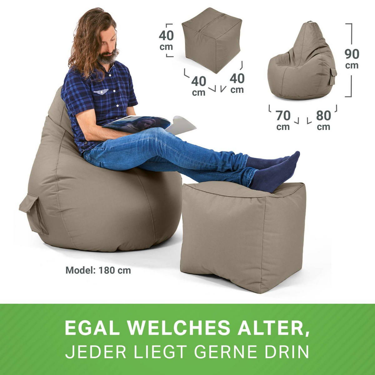 SITZSACK + Hocker "Cozy+Cube" 2er Set - Braun, Textil (70/90/80cm) - Green Bean