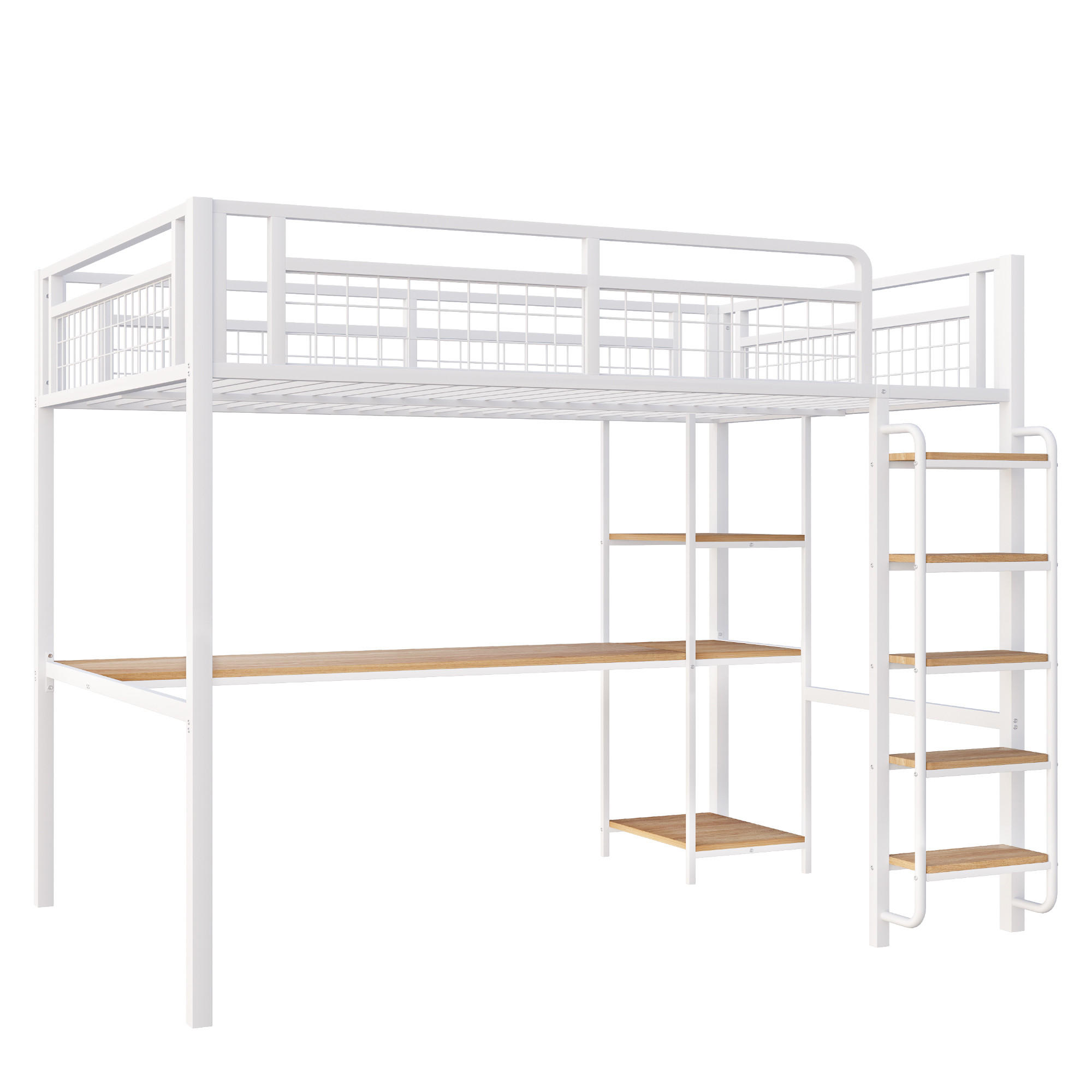 HOCHBETT 140/200 cm Weiß mit Treppenstufen, Tisch und Regalen - Weiß, Metall (140/200cm) - Oxeza
