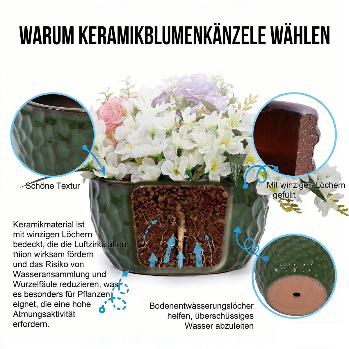 BLUMENTOPF Ø 38,1/30,5/25,4 cm Antikgrün mit Ablauflöchern (3 Stück) - Olivgrün, Keramik (38/19cm) - Oxeza