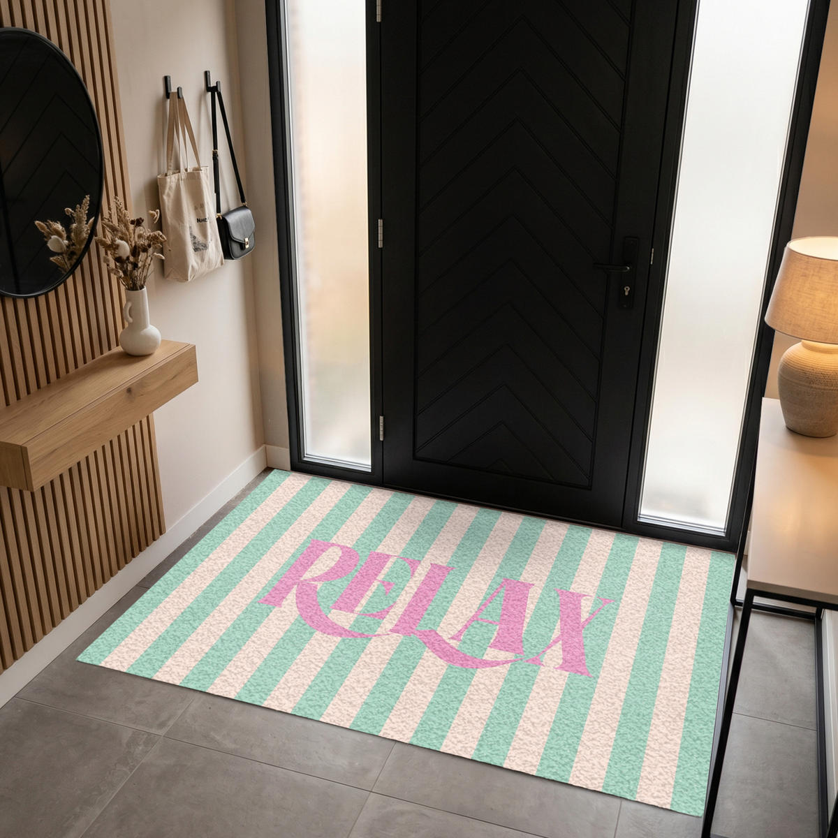 FUSSMATTE Rosa – Grün – Streifen – Entspannung 180x120 cm - Mintgrün, Kunststoff (180/0.4cm) - MuchoWow