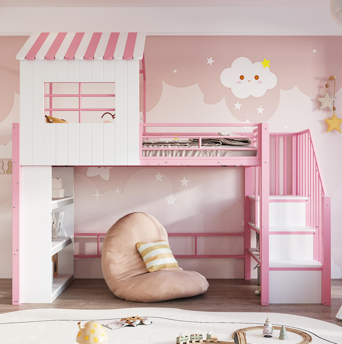 HOCHBETT 90x200 cm in Rosa mit Stauraumtreppe und Regal - Pink, Holzwerkstoff (90/200cm) - IVMEU