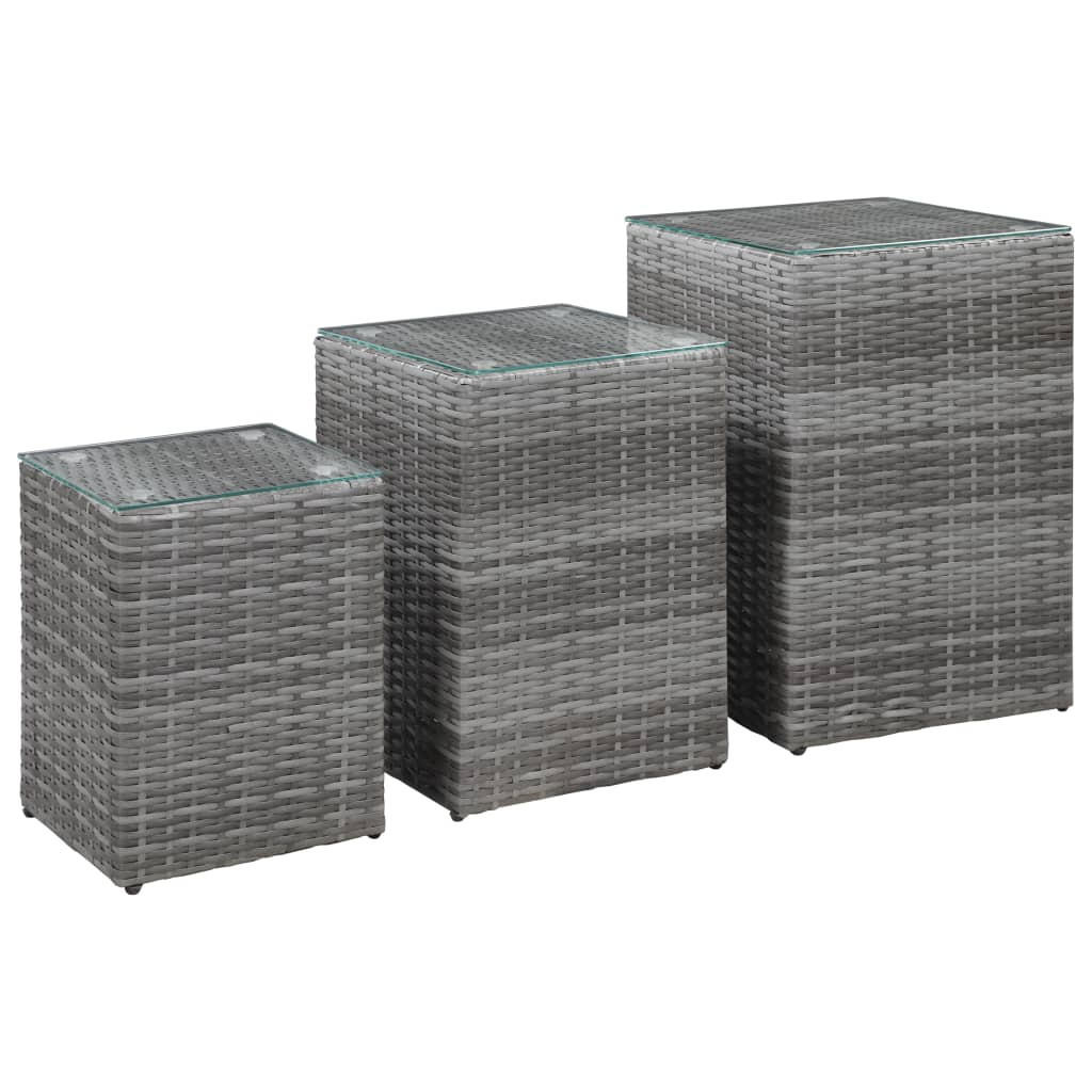 BEISTELLTISCHE 3er set Mit Glasplatte Grau Poly Rattan - Schwarz/Grau, Kunststoff/Metall (40/40/62cm) - vidaXL