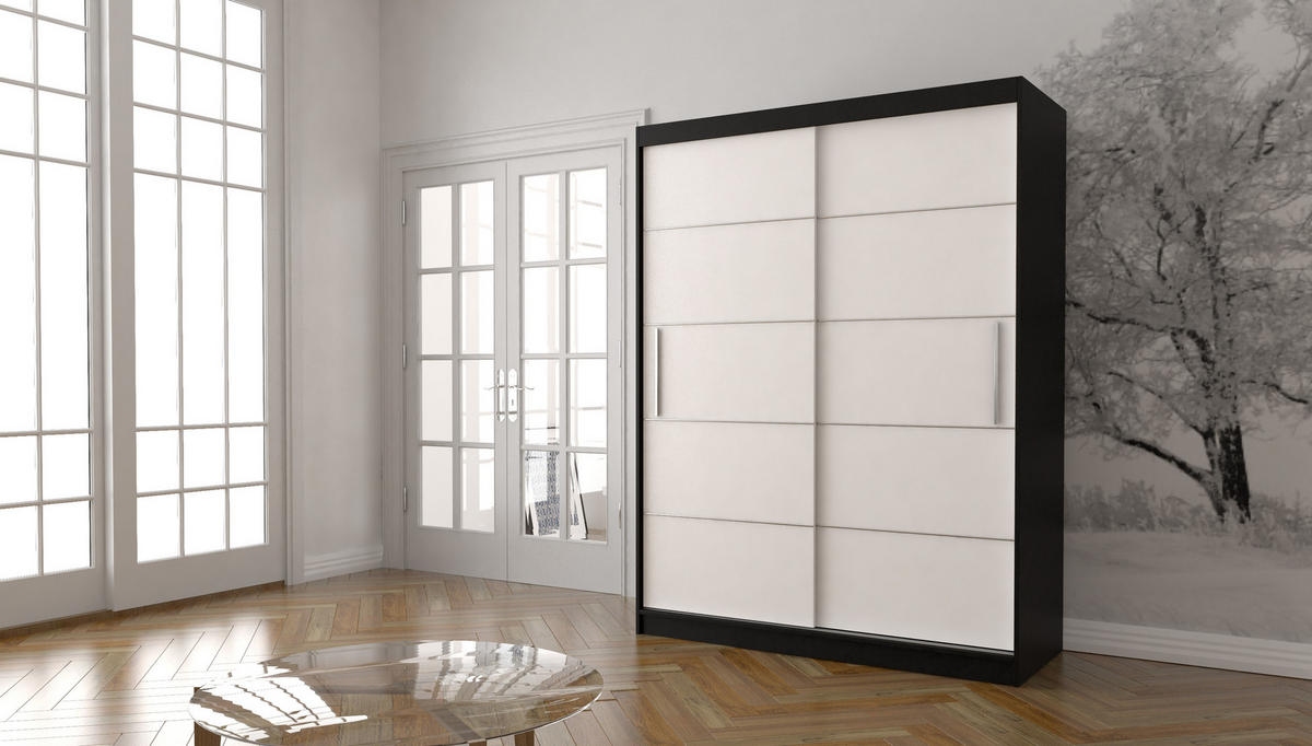 SCHIEBETÜRENSCHRANK - Lara 06 - Schwarz + Weiß - Schwarz/Weiß, Holzwerkstoff/Metall (150/200/61cm) - Möblo