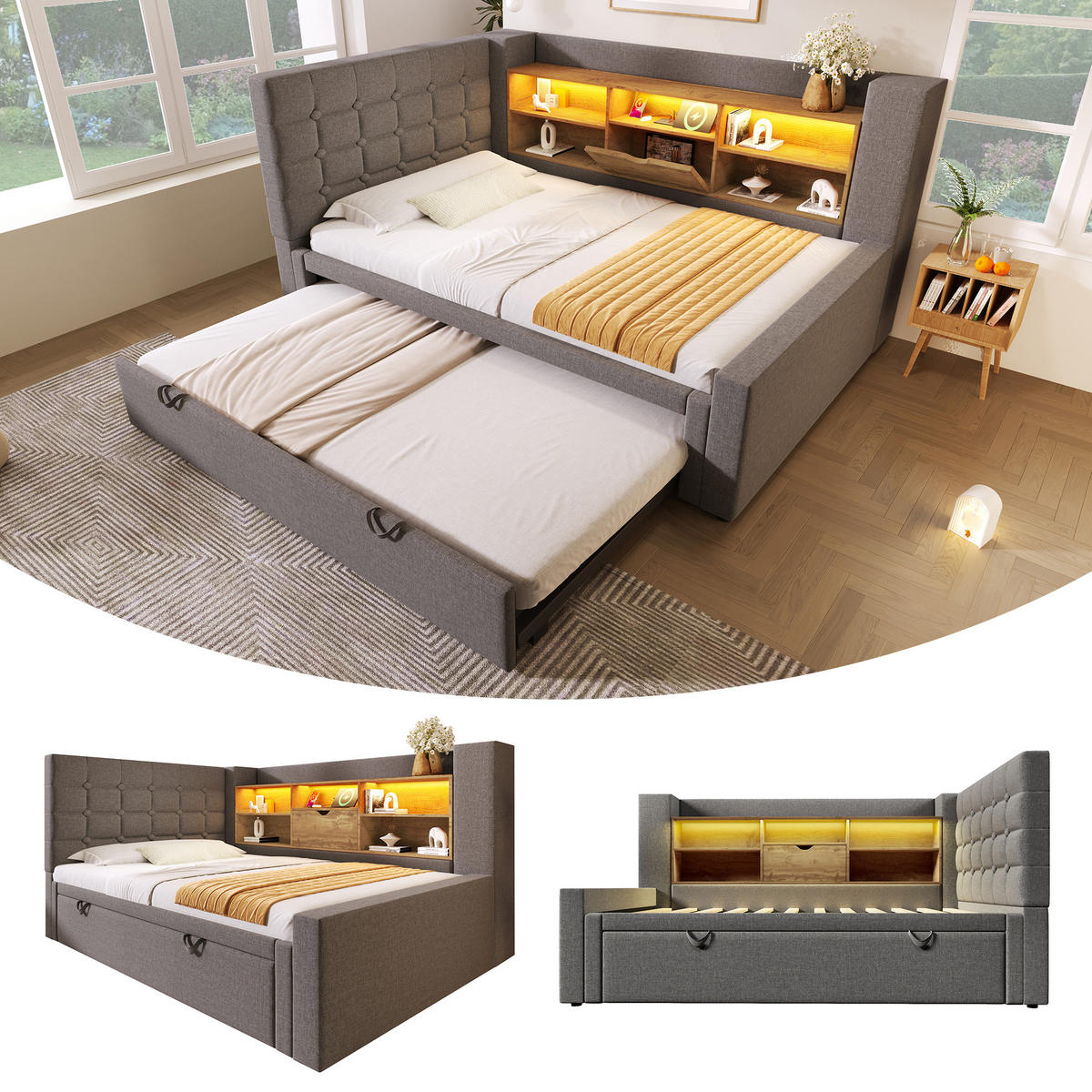 POLSTERBETT 90/200 cm & 90/190 cm in Grau mit Ausziehbett, Stauraum, LED und USB Stoff - Grau, Holzwerkstoff/Textil (90/200cm) - STILVORA