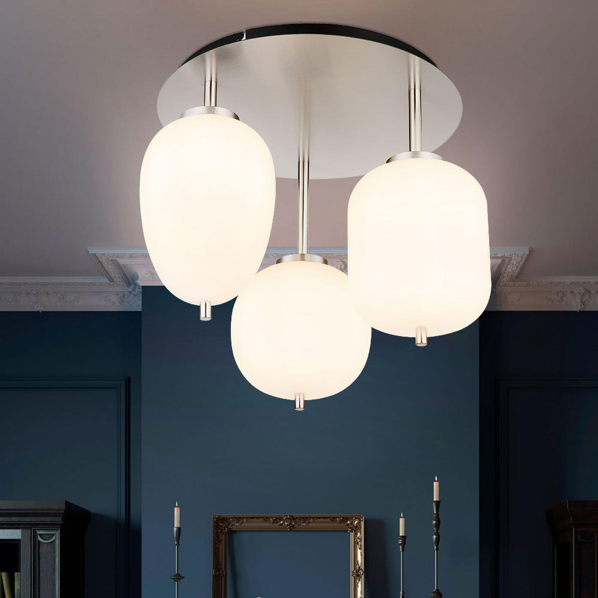 LED DECKENLEUCHTE Metall Silber Opal 3-Flammig - Silberfarben, Glas (46/46/36cm) - Globo Lighting