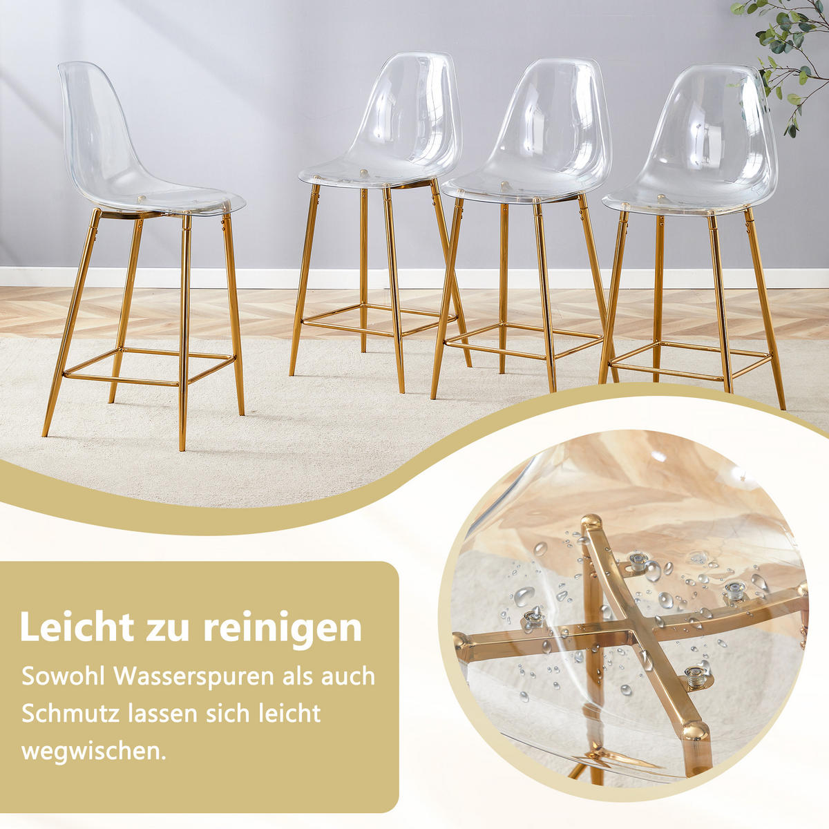 BARHOCKER DE-36582 4er Set mit transparenter Sitzschale Gold - Goldfarben, Kunststoff (45/102/51cm) - ComfortXL