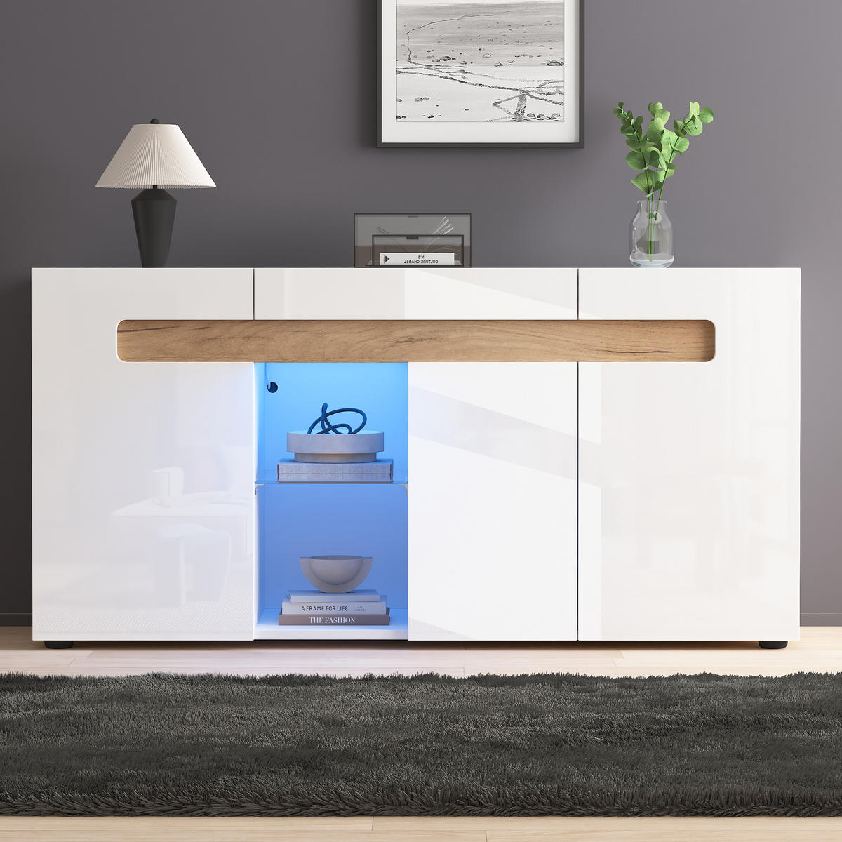 SIDEBOARD LED Weiß 3 Türen App Glas 140x40x70cm Hochglanz - Multicolor, Holzwerkstoff (40/70/140cm) - FLIEKS