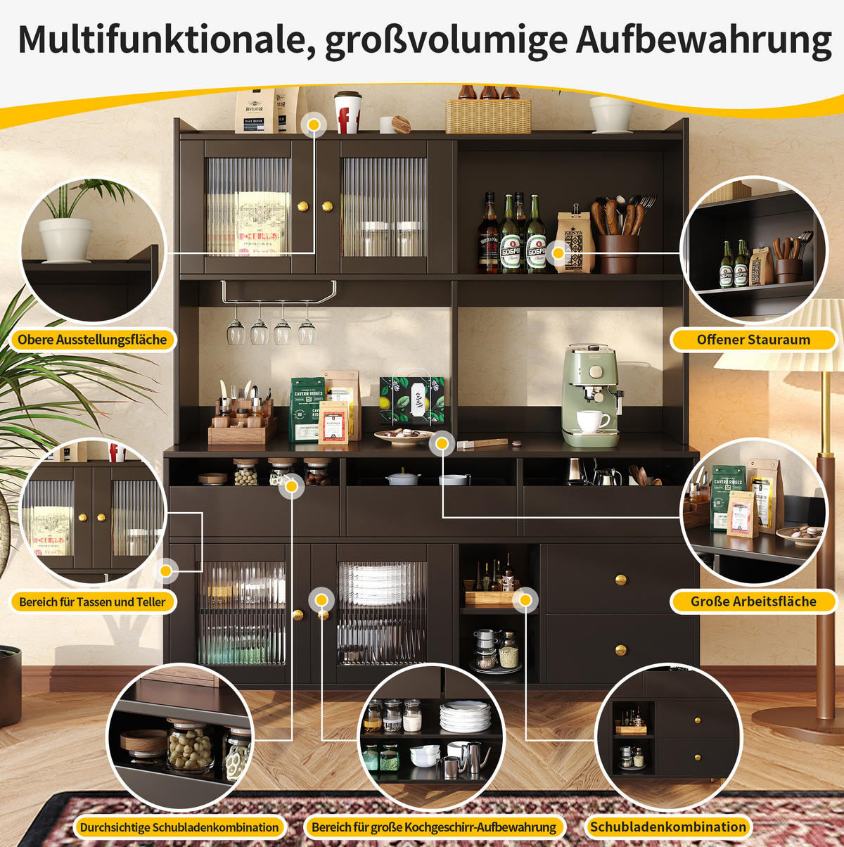 SIDEBOARD 145/39/171 cm schwarz aus MDF mit Glastüren und Weinregal - Schwarz, Holzwerkstoff (39/171/145cm) - OKWISH