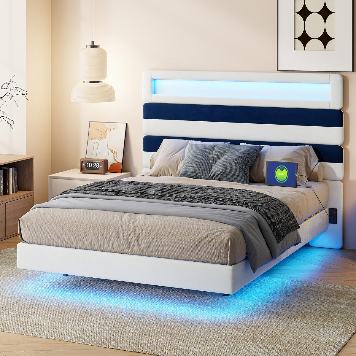 POLSTERBETT 140/190 cm mit RGB-LED-Beleuchtung am Kopfteil und unter dem Bett, USB-Anschluss, zweifarbig gestreiftes Kopfteil - Weiß, Holz/Metall (140/190cm) - Joyfair