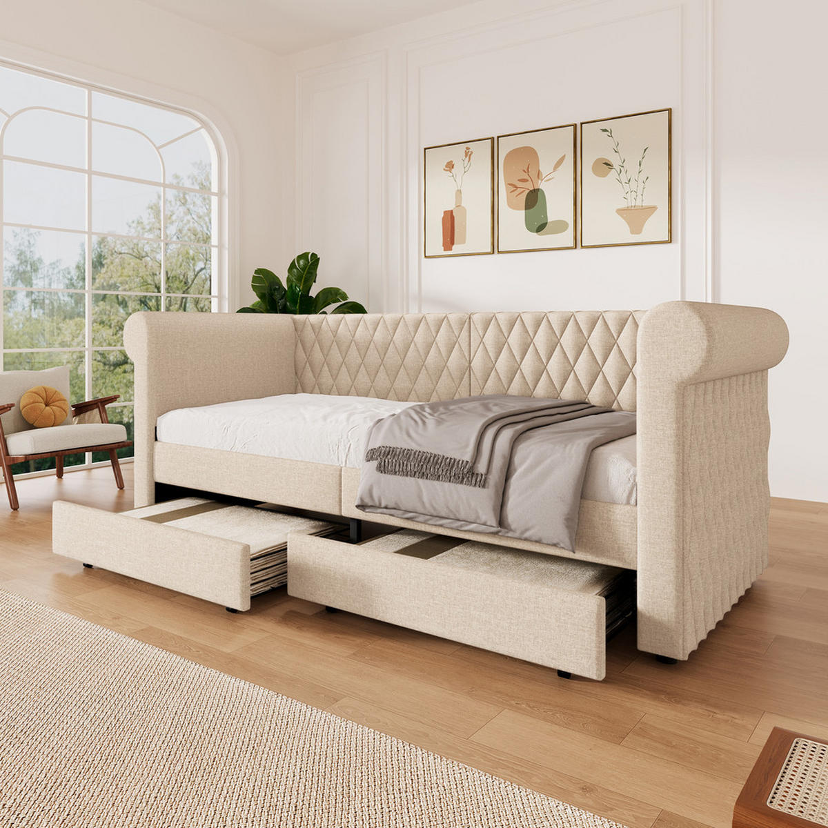 TAGESBETT 90x200cm Vintage Schlafsofa 2 Schubladen Beige Leinen - Beige, Holz (90/200cm) - FLIEKS