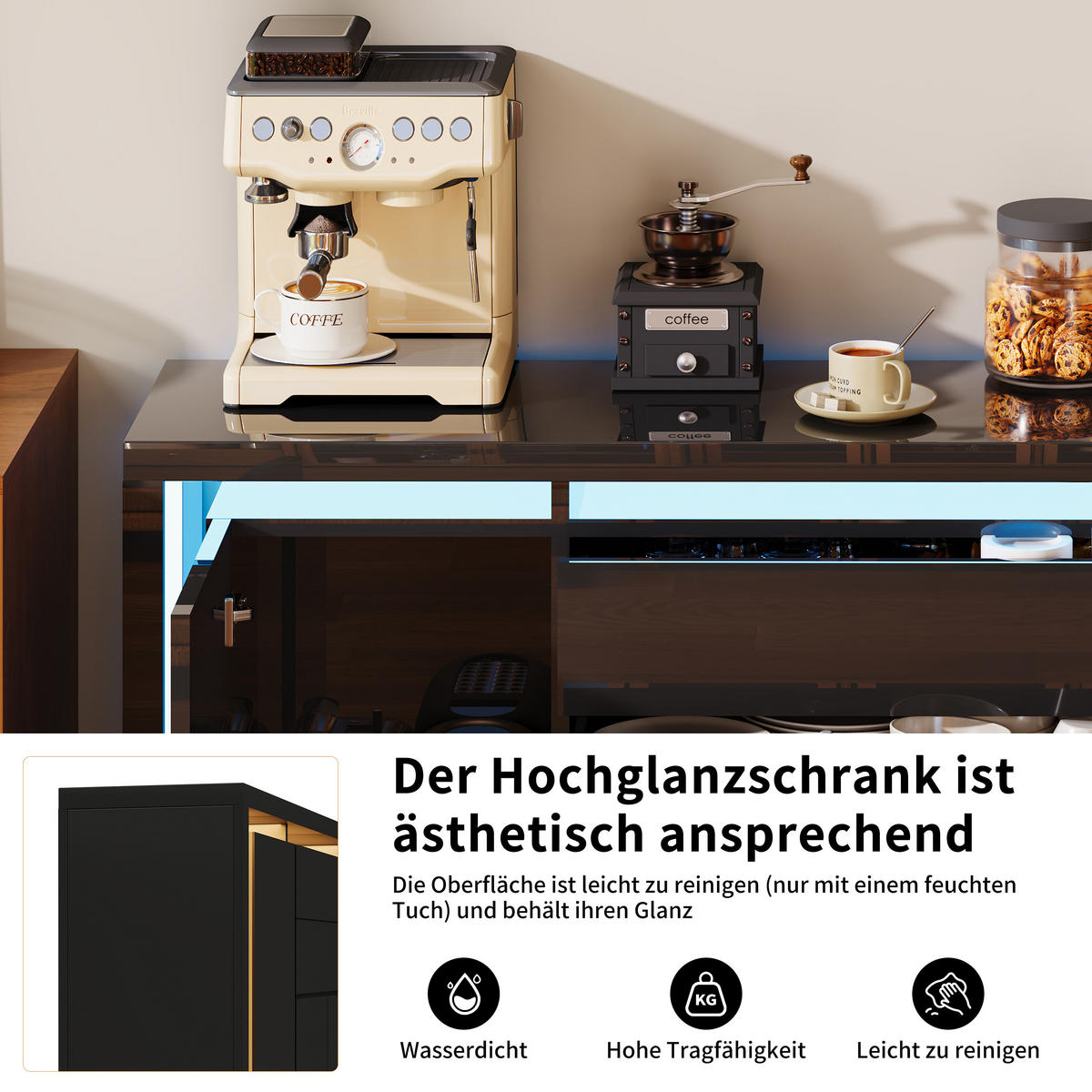 SIDEBOARD hochglanz Schwarz, 4 Türen, 2 Schubladen, LED-Beleuchtung, modern - Schwarz, Holz (160/75/35cm) - EuroLiving