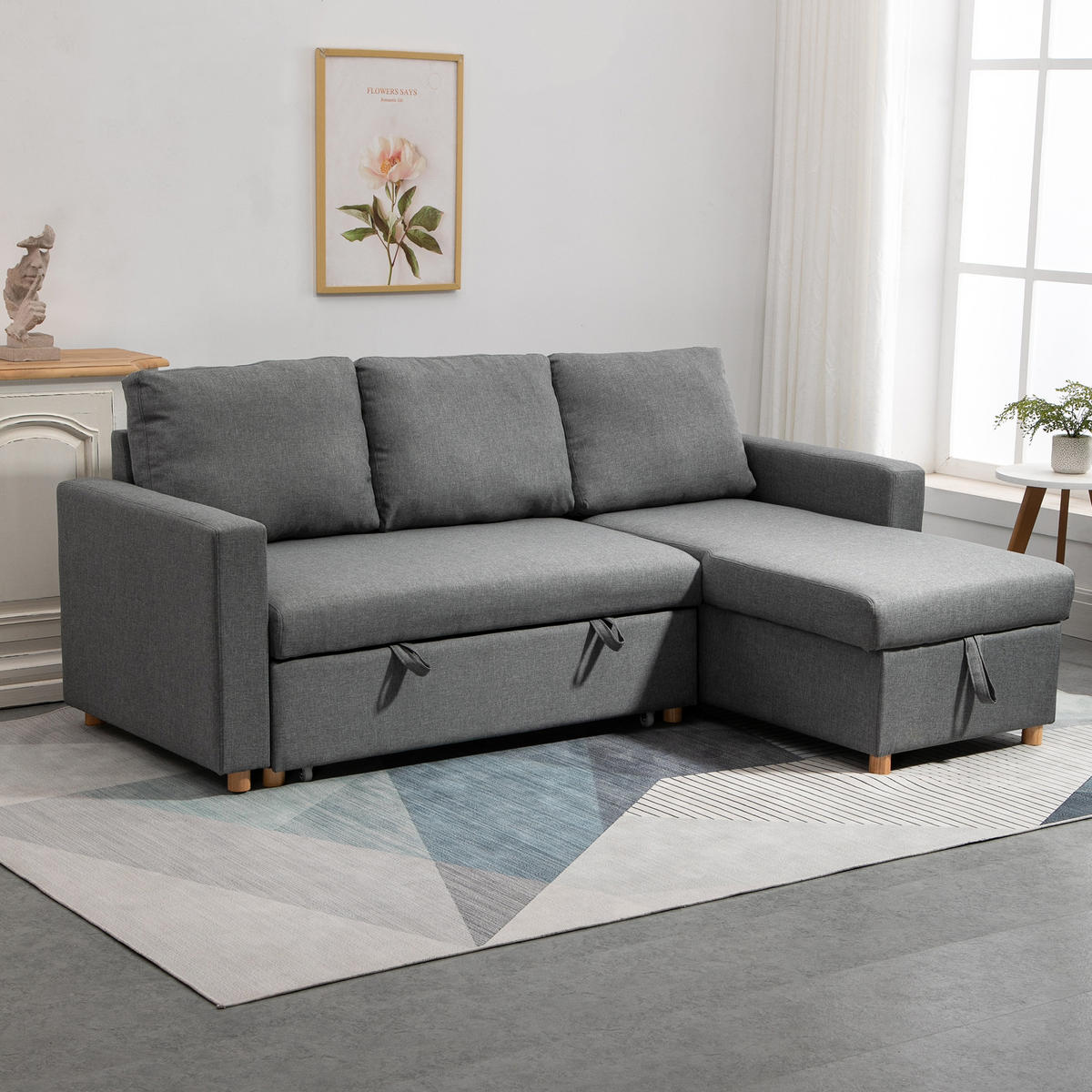 ECKSOFA Grau mit Schlaffunktion und Bettkasten - Grau, Textil (211.5/146cm) - PANGIVO