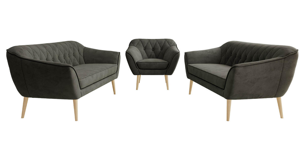 SEDACÍ SOUPRAVA 3+3+1 PIRS - Tmavě šedá Samet - Dřevěné nohy - tmavě šedá/barva buku, kompozitní dřevo/textil (180/75/74cm) - MKS