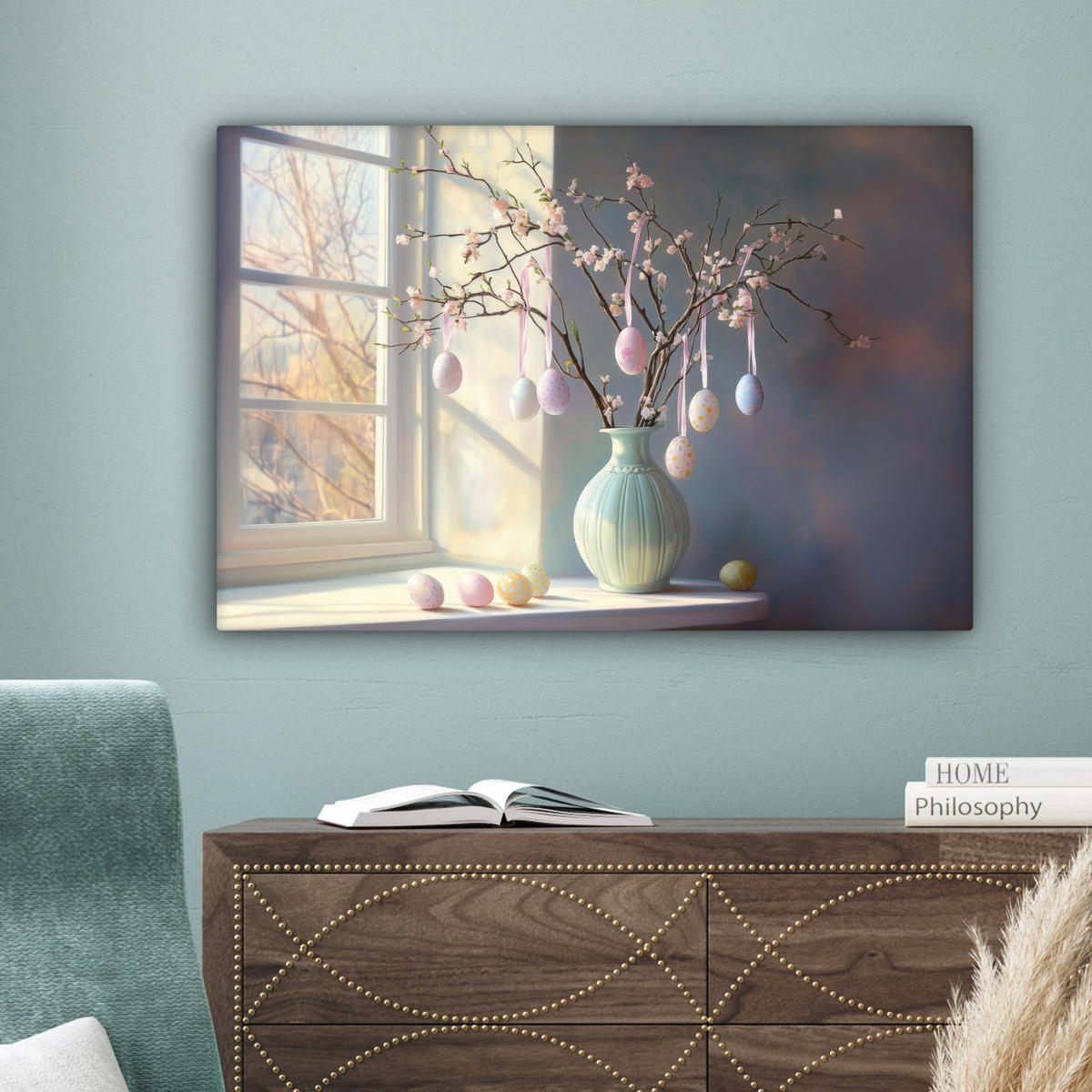 LEINWANDBILD Stillleben - Vase - Osterzweig Wanddeko 90x60 cm - Hellblau, Textil (90/60cm) - MuchoWow