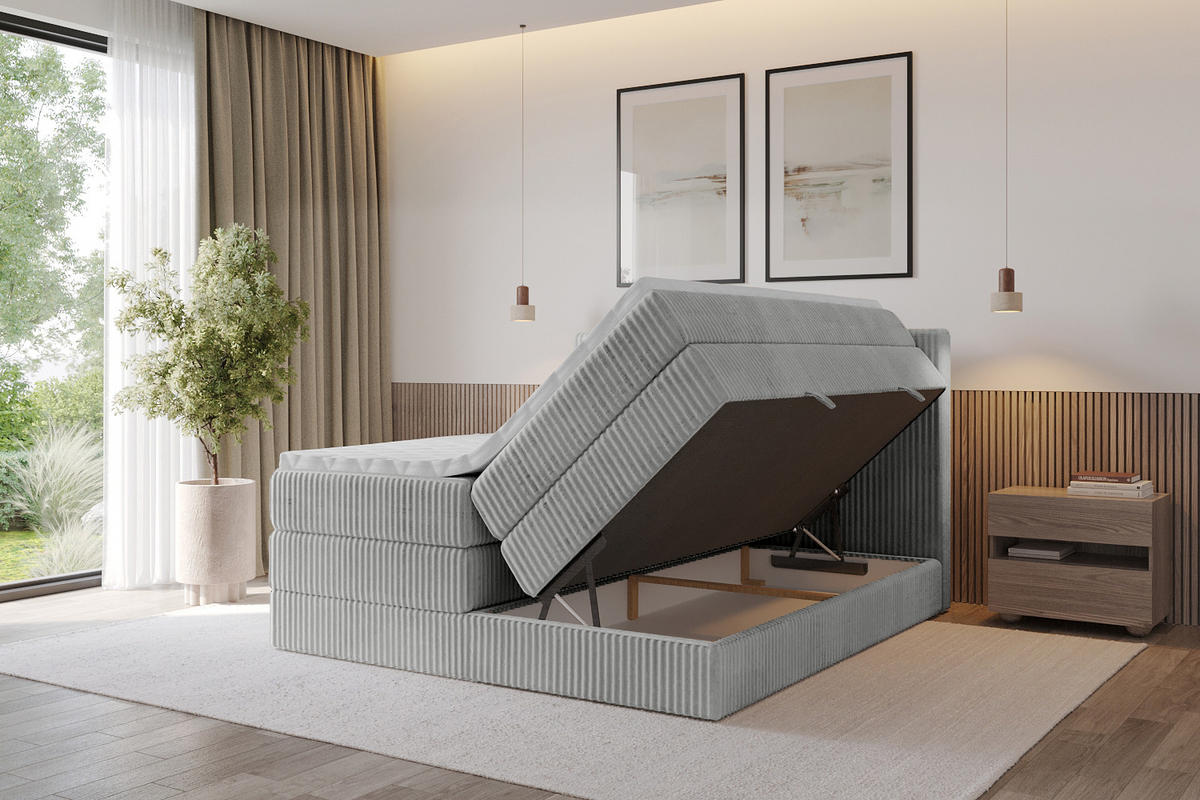 BOXSPRINGBETT mit Matratze H3|H4 und Lattenrost - TOLO KING 160x200 Cord - Hellgrau - Hellgrau, Holzwerkstoff (160/200cm) - ALTDECOR