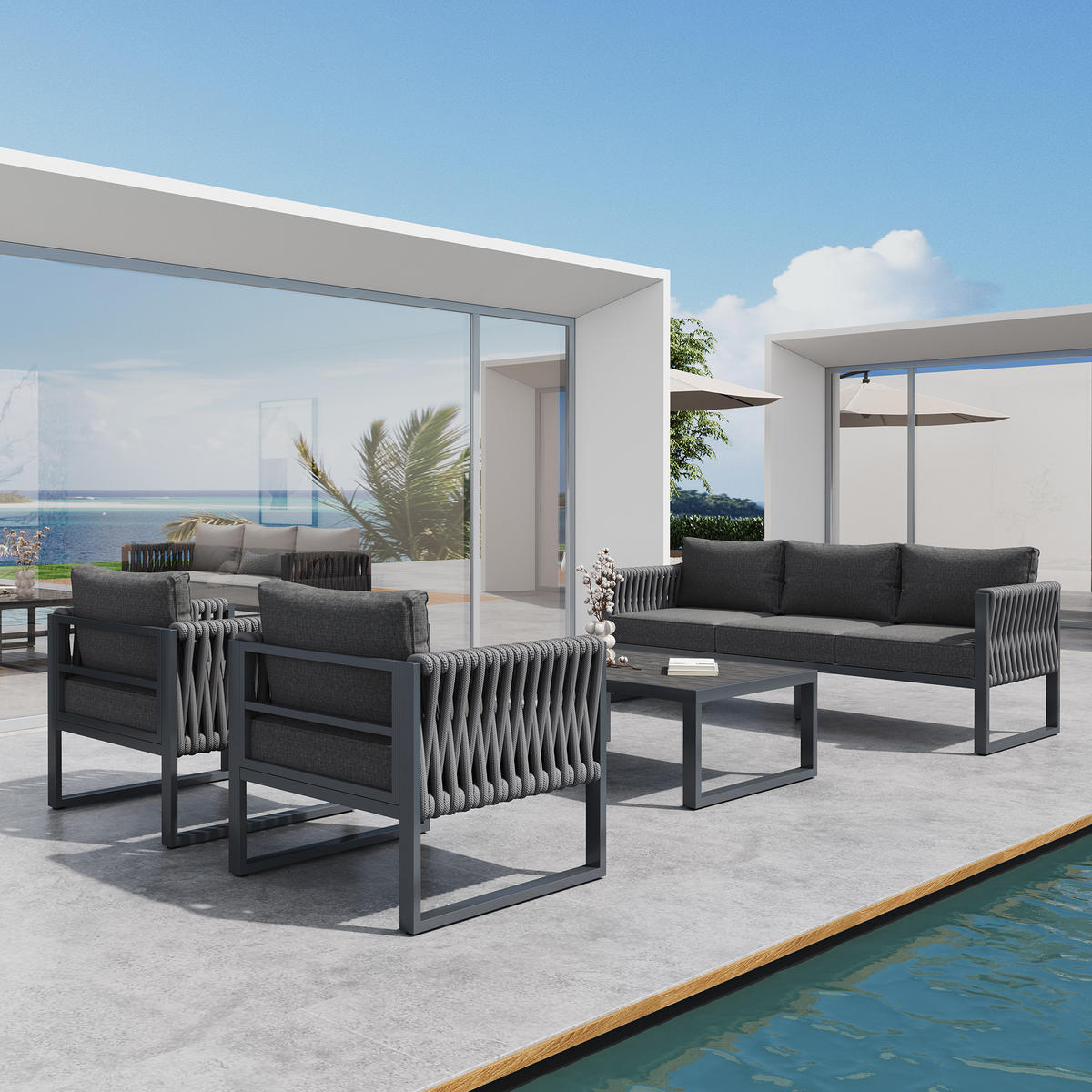 GARTENSET 5-Sitzer Grau Mit Verstellbaren Füßen & Metallgestell - Grau, Metall - FLIEKS