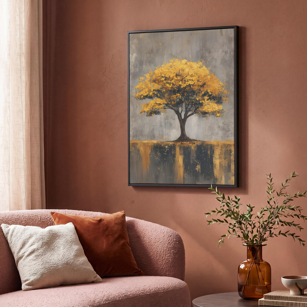 LEINWAND Bilder mit Rahmen - Baum - Blätter - Gold - Abstrakt - 70x100 - Grau, Textil (70/100cm) - MuchoWow