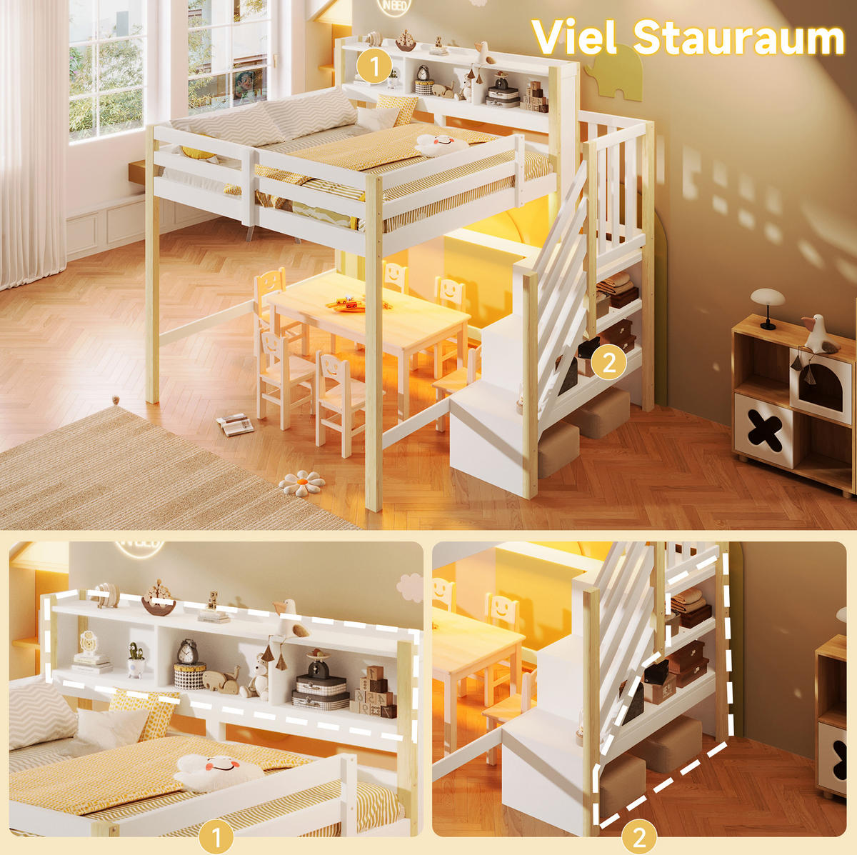 HOCHBETT 140/200 cm Weiß/Natur mit LED und Stauraum ohne Matratze - Weiß, Holz (140/200cm) - MIVRAY