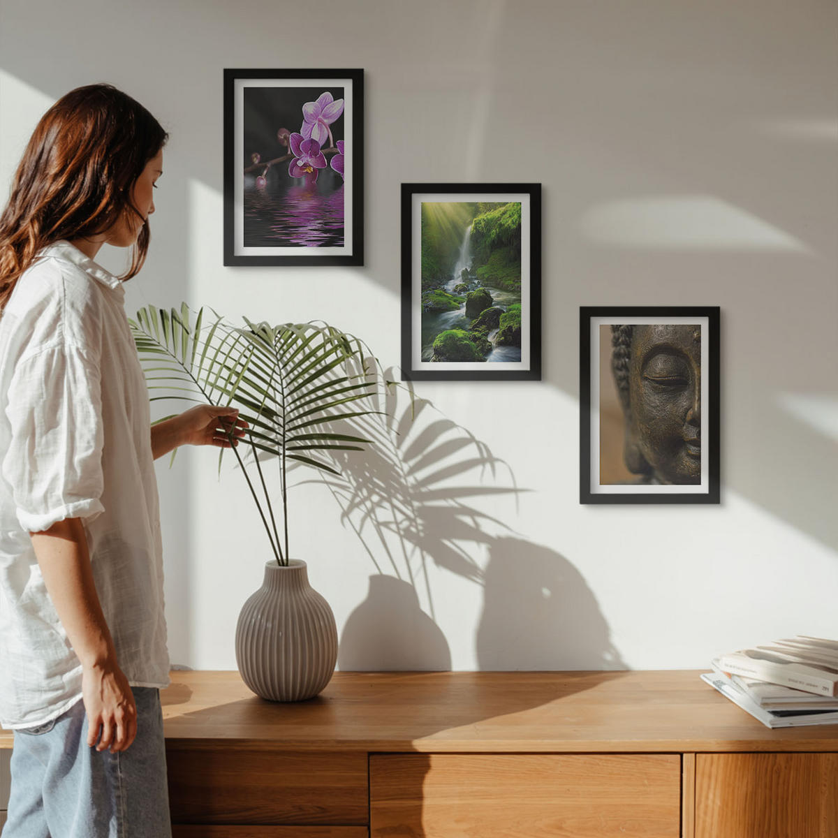 WANDBILDER 3er-Set - 20x30 cm Schwarzer Rahmen - Blumen, Wasserfall, Buddha-Felsen, Zen - Schwarz, Kunststoff (20/30cm) - ArtPrintCave