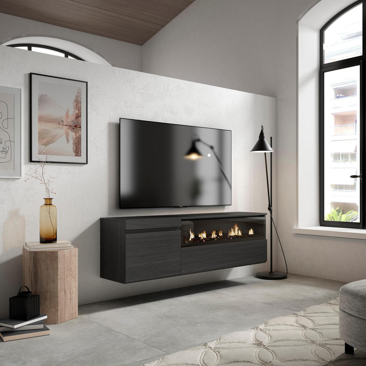 TV-SCHRANK schwarz, mit Elektrokamin, Hängend, 150/35/45cm - Schwarz, Holzwerkstoff (150/45/35cm) - Skraut Home