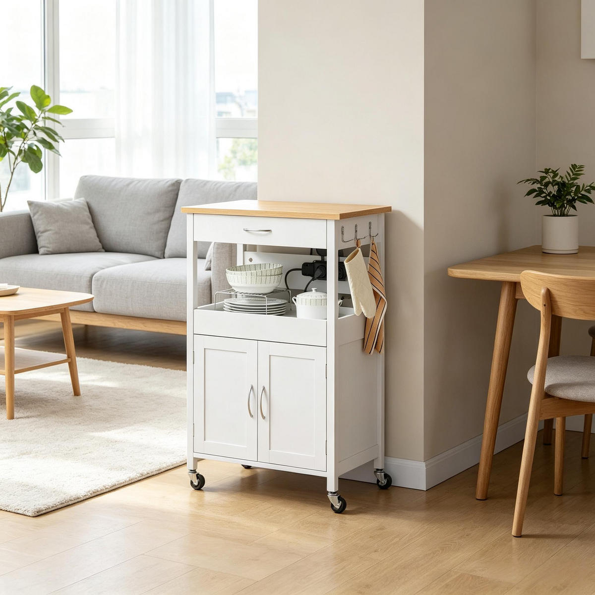 SERVIERWAGEN DE-41502 60/45/92 cm, Steckdosen und Schublade Bambus/Weiß - Weiß, Holzwerkstoff (60/92/45cm) - ComfortXL
