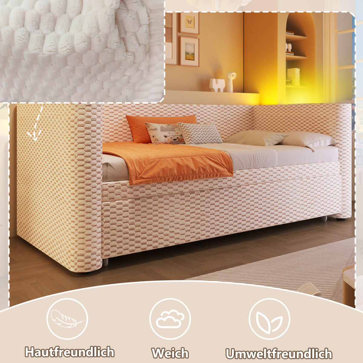 AUSZIEHBETT 90/180 x 200 cm aus Samt in Beige mit LED-Beleuchtung - Beige, Textil (90/200cm) - Flora Grace