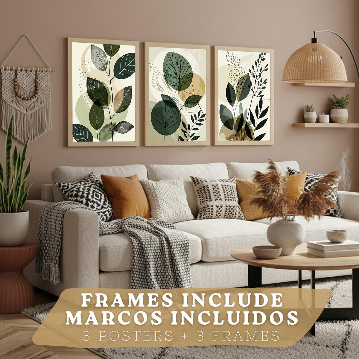POSTER 3er Kunstdruck-Set Wandbilder Pflanzen Abstrakt modern Wohnzimmer Deko, Schlafzimmer, Küche, Badezimmer Leichter Holzrahmen A4 - Beige, Papier (29.7/1/21cm) - Nacnic