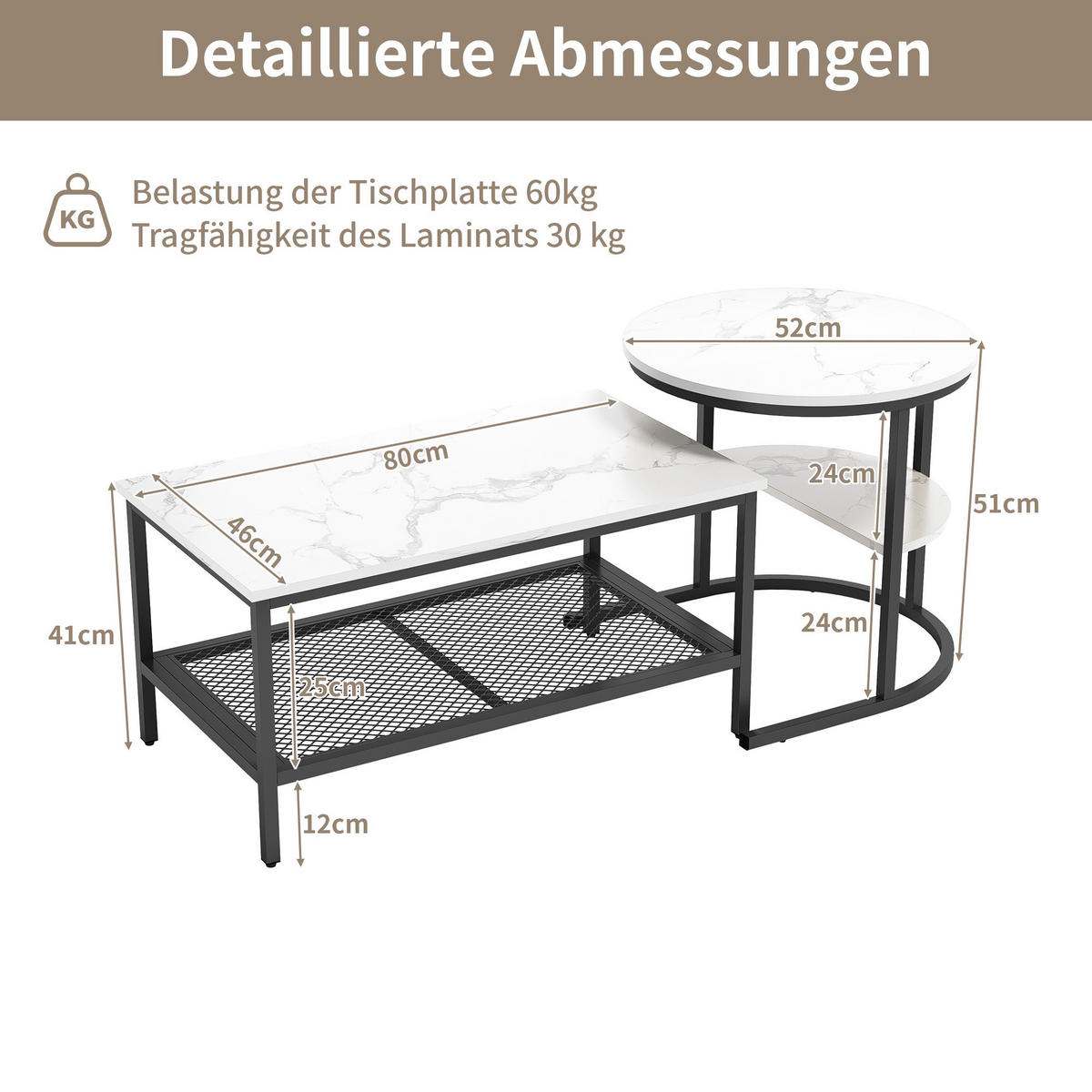 COUCHTISCH-SET 2-teilig Marmor-Optik mit schwarzem Metallrahmen - Schwarz, Metall (132/52/51cm) - DELFA