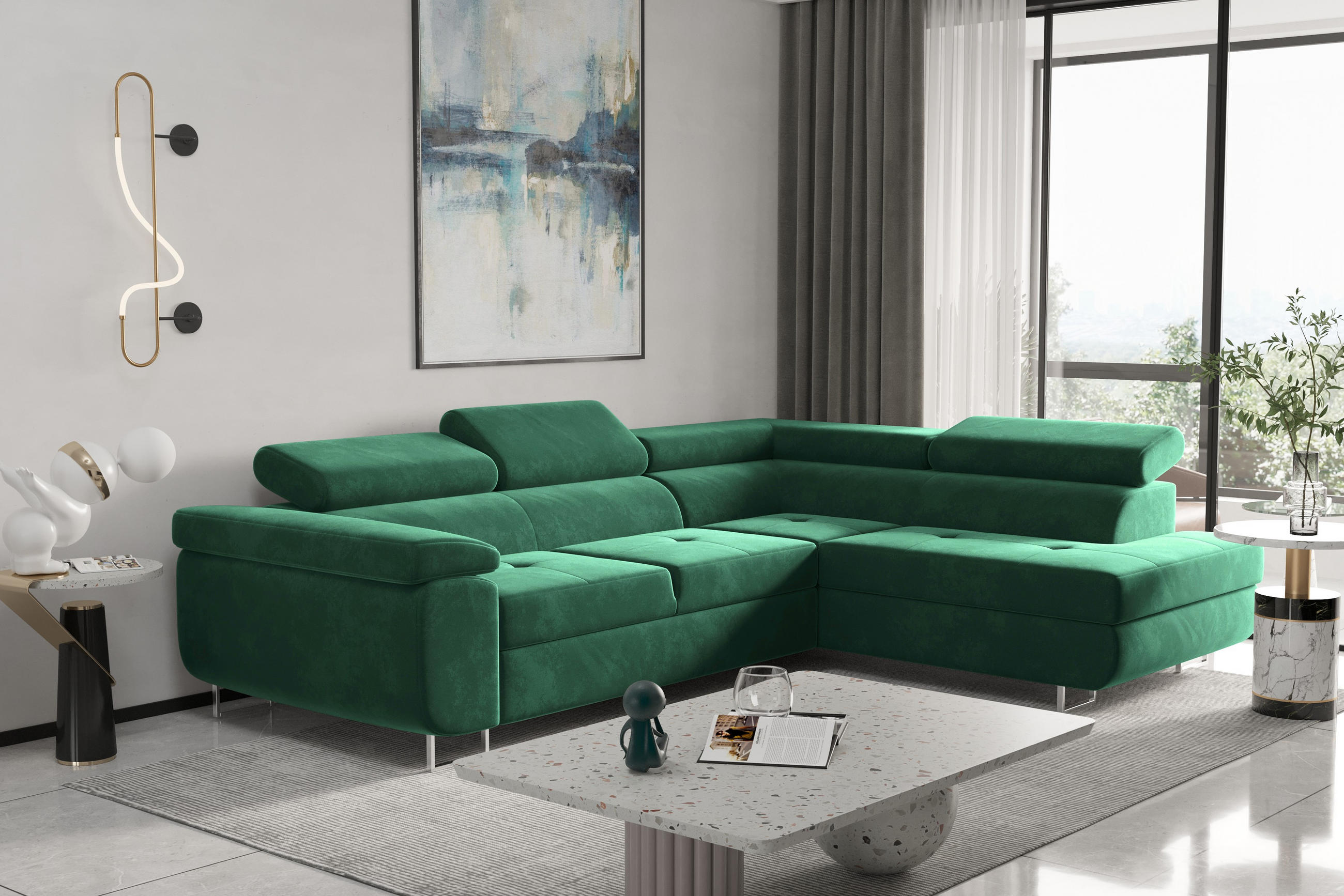 ECKSOFA mit Schlaffunktion und Bettkasten ATOM Grün Rechts - Grün, Holz/Textil (275/202cm) - Kaiser Möbel