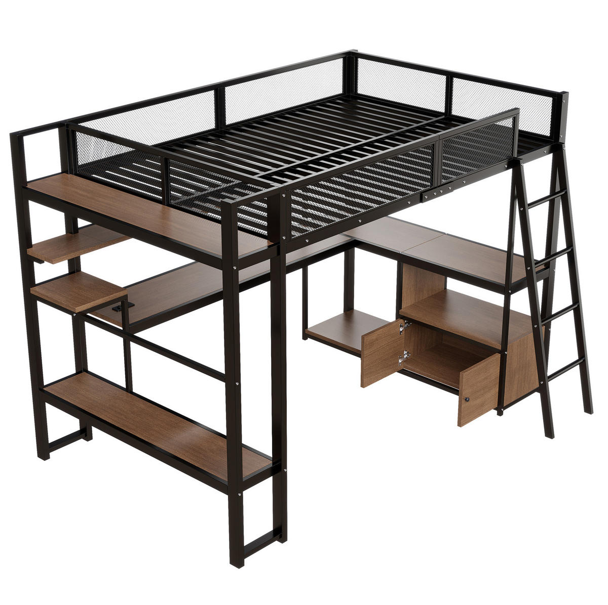 HOCHBETT 140/200 cm schwarz aus Metall und MDF mit Schreibtisch - Schwarz, Holzwerkstoff (140/200cm) - OKWISH