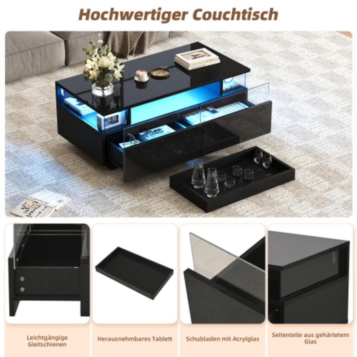COUCHTISCH 90/45/35,5 cm Schwarz aus Holzwerkstoff mit abnehmbarem Tablett und LED-Licht - Schwarz, Holzwerkstoff (90/45/35.5cm) - OKWISH