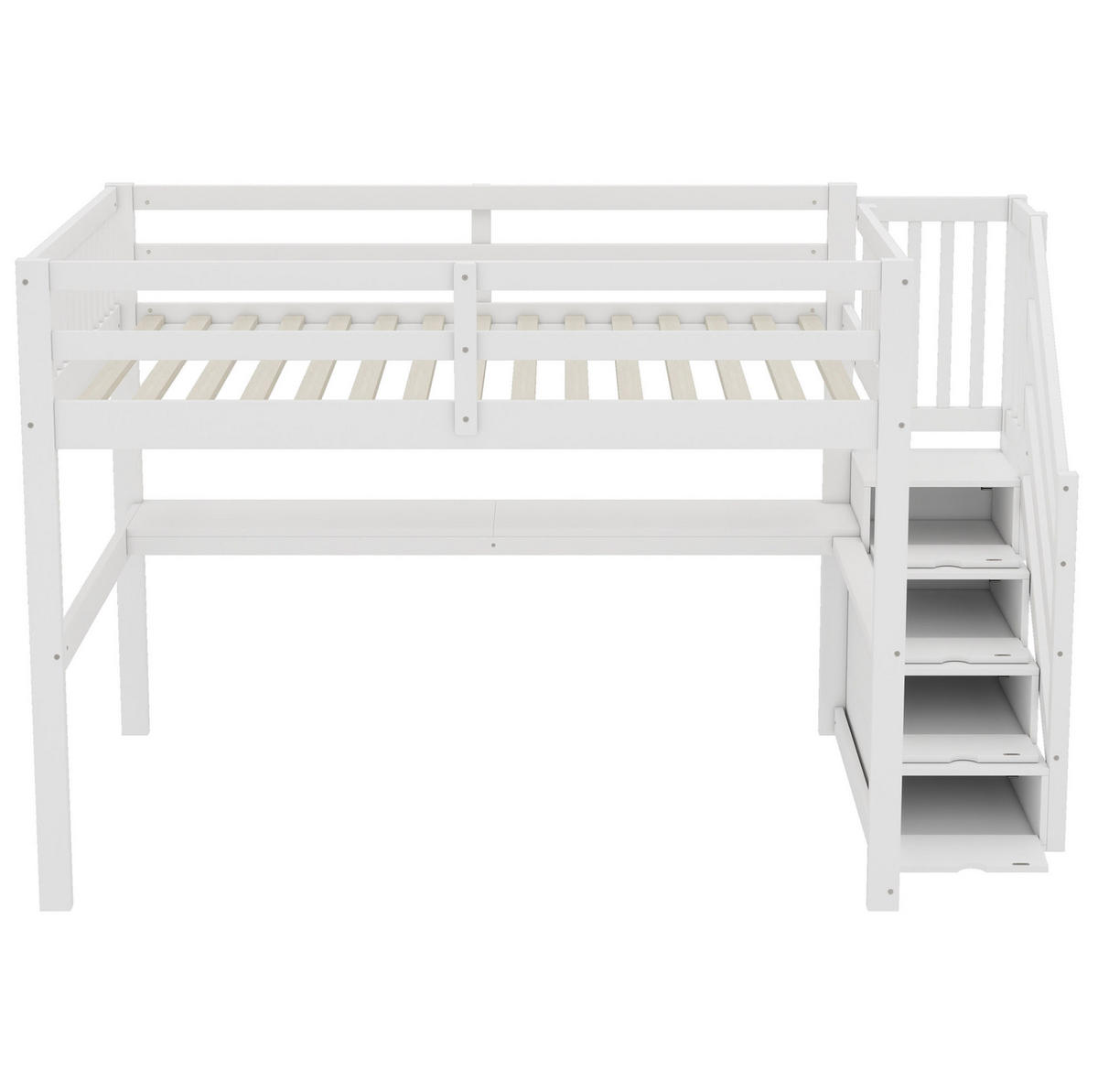 HOCHBETT 140/200 cm Weiß mit Matratze mit Stauraumschubladen und Unterbettschreibtisch - Weiß, Holzwerkstoff (140/200cm) - OKWISH