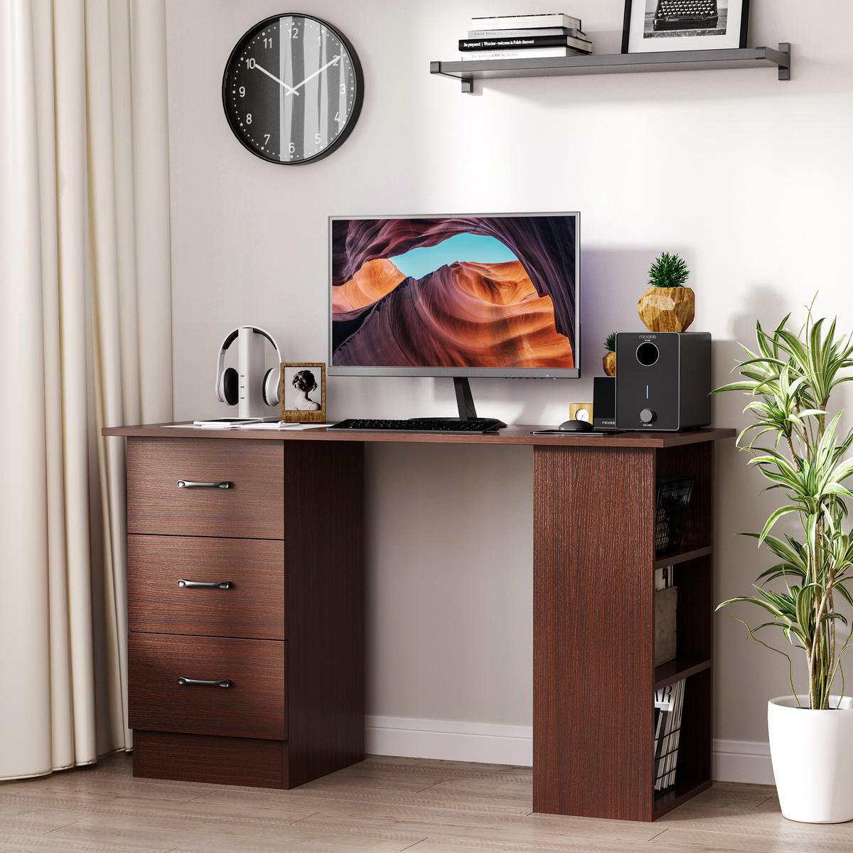 SCHREIBTISCH Nussbaumoptik mit 3 Schubladen und 3 Regalfächern 120/49/72 cm - Walnussfarben, Holzwerkstoff (49/120/72cm) - PANGIVO