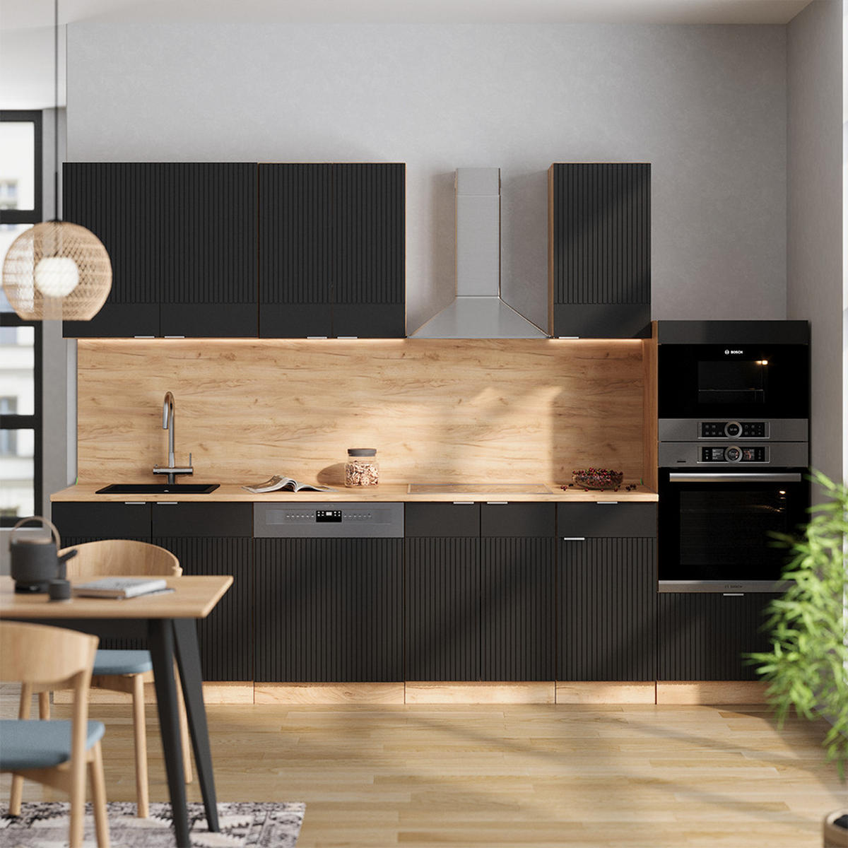 KÜCHENZEILE Fame-Line, Schwarz gestreift/Goldkraft Eiche, 300 cm mit Hochschrank, AP Anthrazit - Honigeiche/Schwarz, Holzwerkstoff (300/81.6/60cm) - Vicco