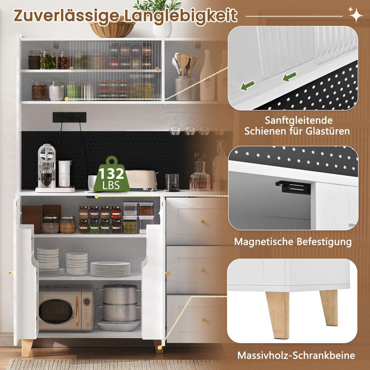 HIGHBOARD in Weiß Barschrank mit Weinglashaltern und Schubladen für Esszimmer und Küche, B120/T40/H184 cm - Naturfarben/Weiß, Glas/Holz (120/184/40cm) - STILVORA